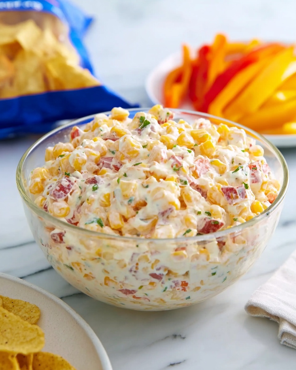A clear glass bowl filled with a creamy mixed salad made of small yellow corn pieces, bits of green herbs, and small red chunks. The salad has a thick, white dressing that binds everything together, creating a textured but smooth look. The bowl is placed on a white marbled surface, with a white napkin folded nearby and a white plate beside it holding fresh, bright orange and yellow bell pepper strips. In the background, there is a blue bag with yellow snack chips blurred out. Photo taken with an iphone --ar 4:5 --v 7