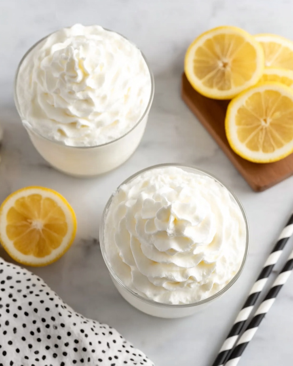 The image shows two clear glasses filled with thick, white whipped cream, each topped with a swirl pattern. They are placed on a white marbled surface, with black and white striped straws to the right side between the glasses. In the upper right corner, there is a white wooden board holding three lemon slices, bright yellow with visible texture. A white cloth with black polka dots is visible at the bottom left corner. The photo taken with an iphone --ar 4:5 --v 7