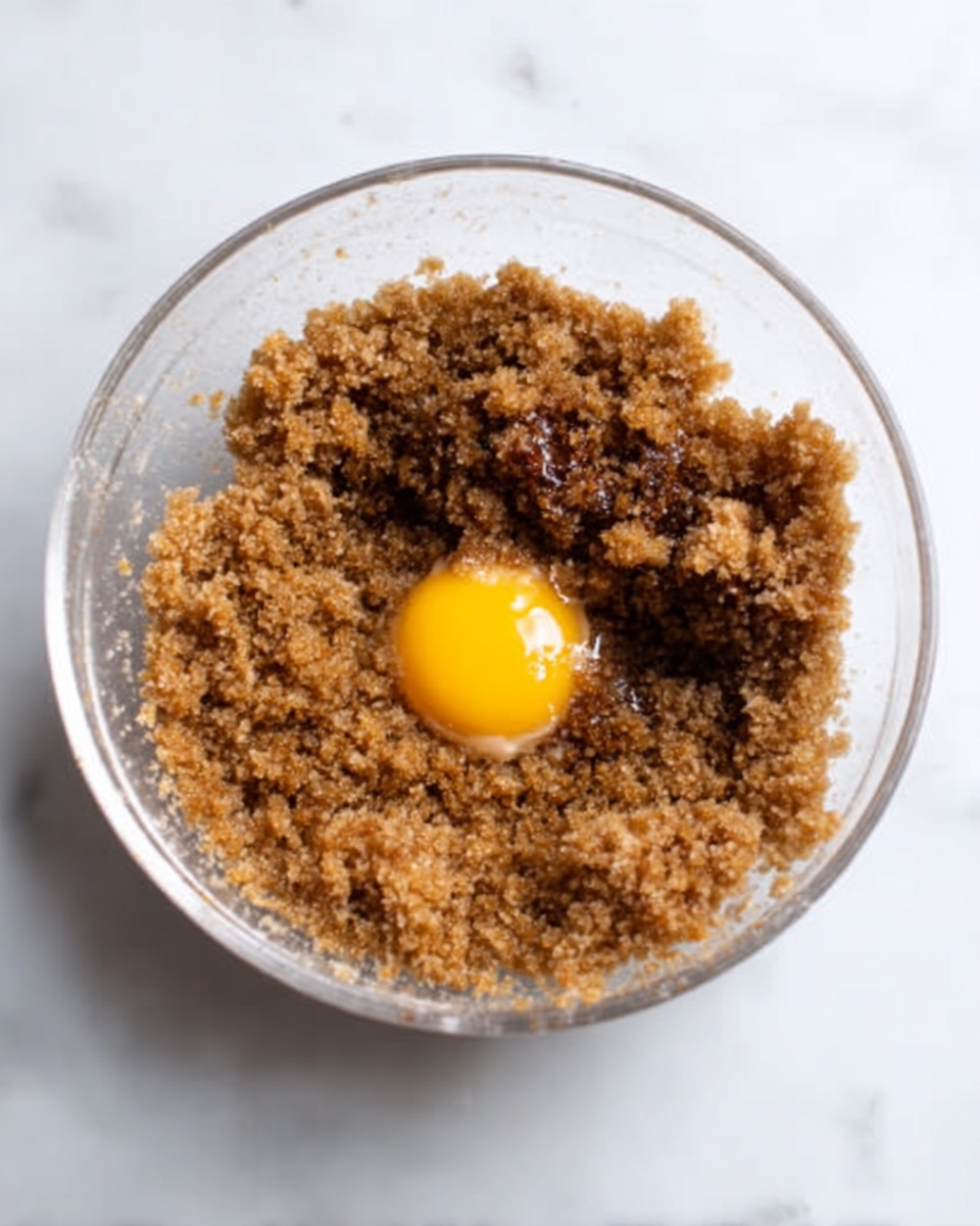 A clear white bowl is placed on a white marbled surface, filled with a brown crumbly mixture that looks coarse and grainy. In the middle of the mixture, there is one bright yellow raw egg yolk sitting on top. The overall texture of the mixture appears uneven with small chunks spread around. The bowl’s round edges are visible and clean. photo taken with an iphone --ar 4:5 --v 7