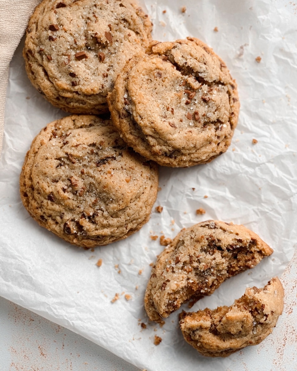 The image shows four cookies on a slightly crumpled white parchment paper placed on a white marbled surface. Three whole cookies are clustered together in the top left corner, with a visible texture of small chocolate bits and a rough, slightly cracked surface. One cookie at the bottom right is broken in half with the inside visible, showing a slightly lighter, crumbly texture. The cookies have a golden-brown color with darker spots where the chocolate pieces are, and the overall look is soft but firm. Photo taken with an iphone --ar 4:5 --v 7