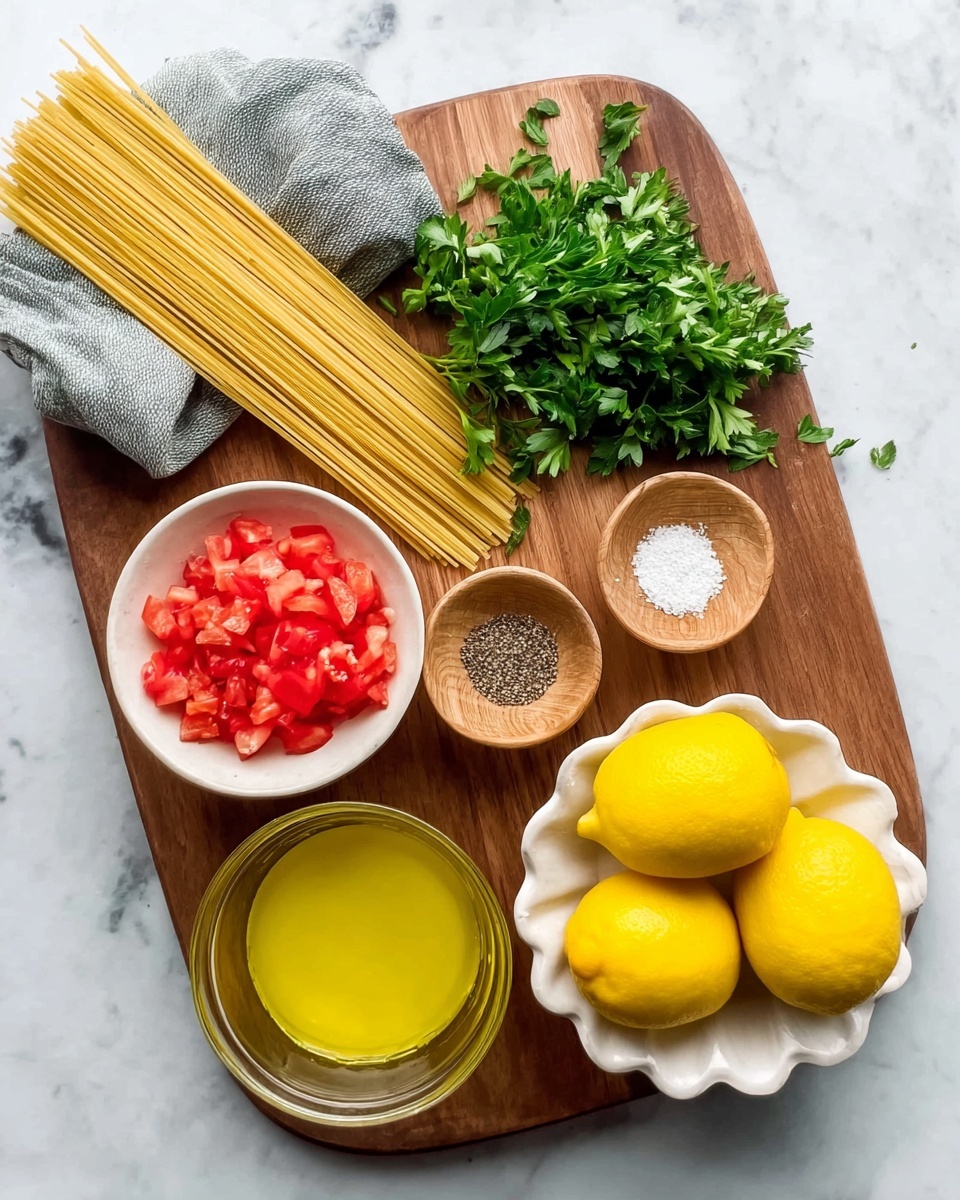 A wooden board on a white marbled surface holds several cooking ingredients: a small bundle of uncooked spaghetti partly wrapped in a gray cloth in the top left, a small white bowl filled with chopped red tomatoes next to fresh green parsley on the right. Below is a small wooden bowl containing white and black pepper, and next to it, a clear glass bowl with yellow olive oil. In the bottom right, there is a white decorative bowl with four bright yellow lemons. Photo taken with an iphone --ar 4:5 --v 7