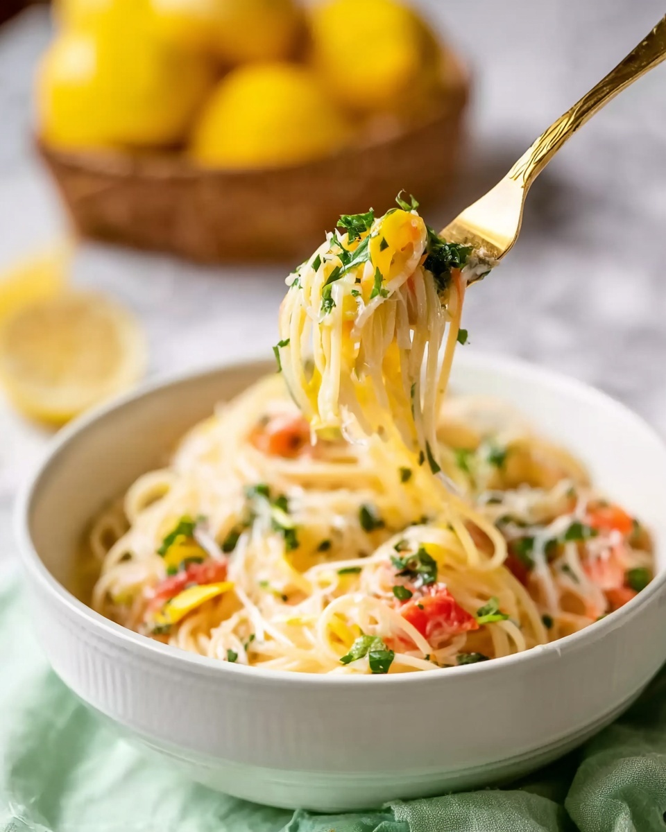 The image shows a close-up of a gold-colored fork holding some spaghetti noodles with small chunks of white sauce, light yellow sauce, green herbs, and red pieces, possibly tomatoes, above a white bowl filled with more spaghetti mixed with similar ingredients. The bowl sits on a light green cloth, and in the background, a white basket with yellow lemons is slightly blurred. The whole scene is set on a white marbled surface. Photo taken with an iphone --ar 4:5 --v 7