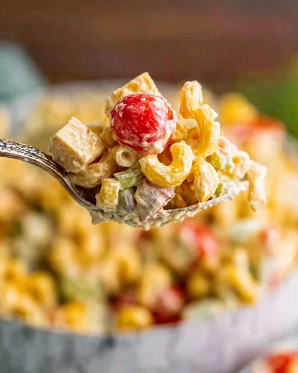 A close-up of a silver spoon held by a woman's hand with a white marbled background, showing a colorful pasta salad with three visible layers: creamy yellow macaroni noodles at the bottom, small chunks of yellow bell peppers and tofu in the middle, and a bright red cherry tomato piece on top, all mixed with creamy dressing that glistens slightly, with the blurred background featuring a white bowl filled with more pasta salad, photo taken with an iphone --ar 4:5 --v 7