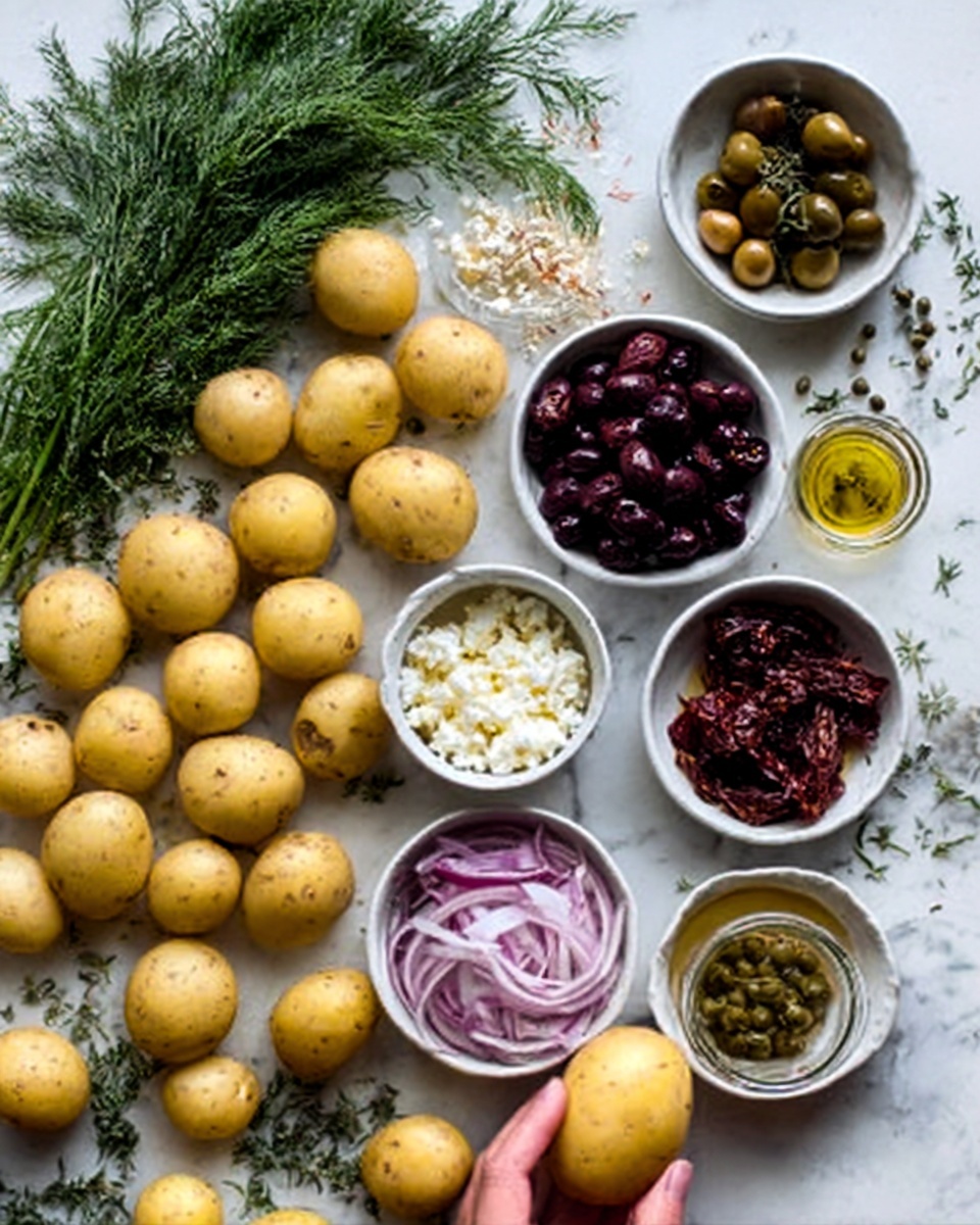 The image shows a white marbled surface spread with many yellow round small potatoes arranged in groups. Around the potatoes are six small white bowls holding different ingredients: one bowl has dark green capers, another has dark purple olives, a third has white crumbled cheese, a fourth is filled with thin light purple onion slices, a fifth holds dark red sun-dried tomatoes, and the last bowl contains a transparent liquid with herbs. Fresh green dill sprigs are scattered on the surface, adding color and texture. A woman's hand is gently holding one potato at the edge of the layout. The lighting is soft and natural, highlighting the colors and textures. photo taken with an iphone --ar 4:5 --v 7