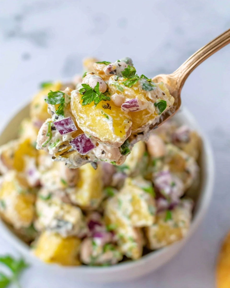 The image shows a close-up of a fork holding a bite-sized portion of potato salad above a white bowl filled with the same salad. The salad has three visible layers: the base layer is made of small yellow potato pieces with a smooth, creamy texture, the middle layer includes chopped red onions and bits of green parsley scattered throughout, and the top layer is a light, creamy dressing that coats the ingredients evenly. The salad pieces are mixed with small white beans, adding a soft texture, and garnished with a few small parsley leaves. The background is a white marbled surface with a blurred view of the white bowl filled with the salad. Photo taken with an iphone --ar 4:5 --v 7
