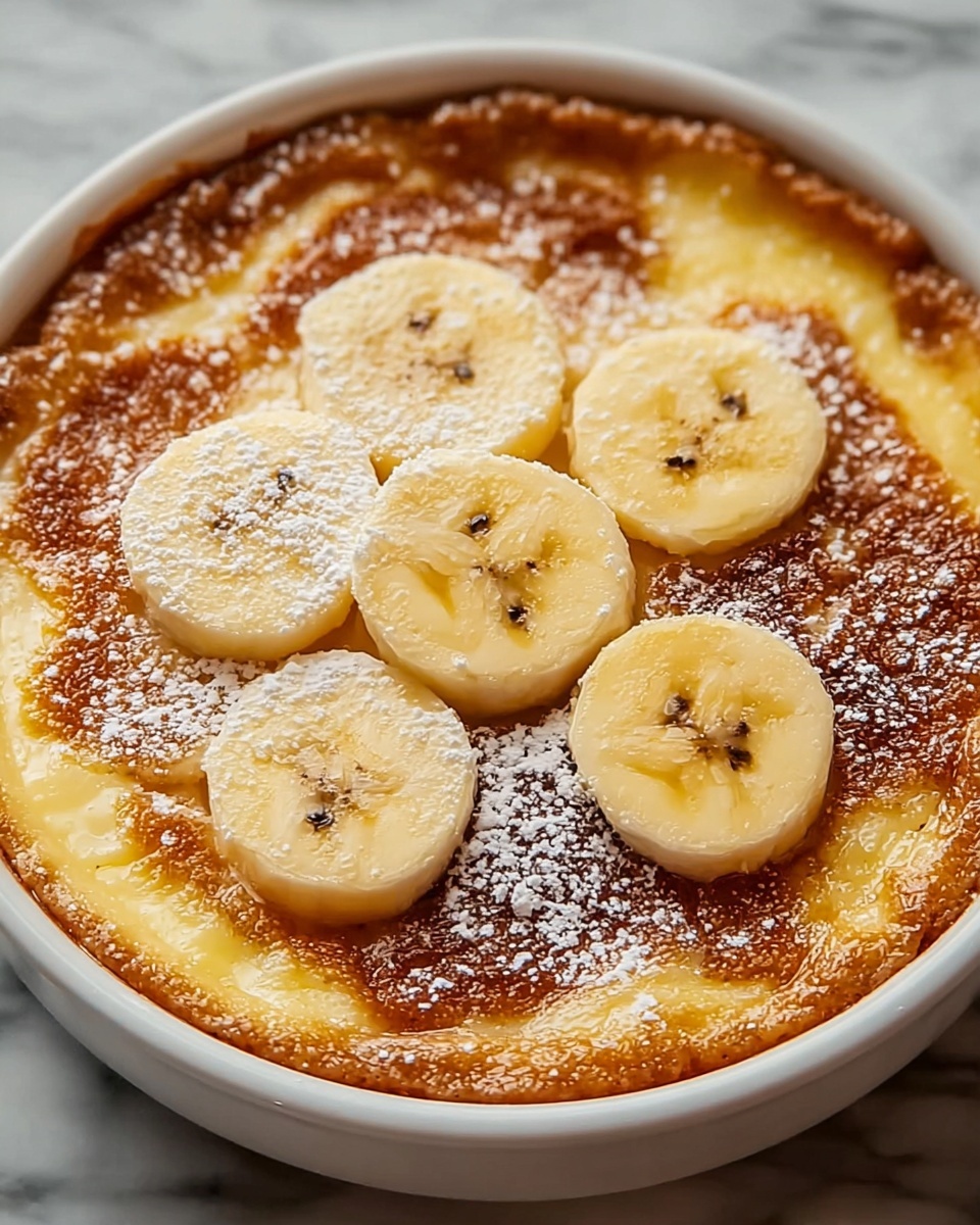 The image shows a close-up of a round dessert in a white bowl with a golden brown crust that looks crunchy and slightly uneven. Inside the crust, there is a smooth, light yellow filling with a soft texture. On top, there are eight evenly spaced banana slices, creamy yellow in color with small black seeds in the center. Some powdered sugar is lightly sprinkled over the surface, adding a contrast with a white dusting. The bowl is placed on a white marbled surface. photo taken with an iphone --ar 4:5 --v 7