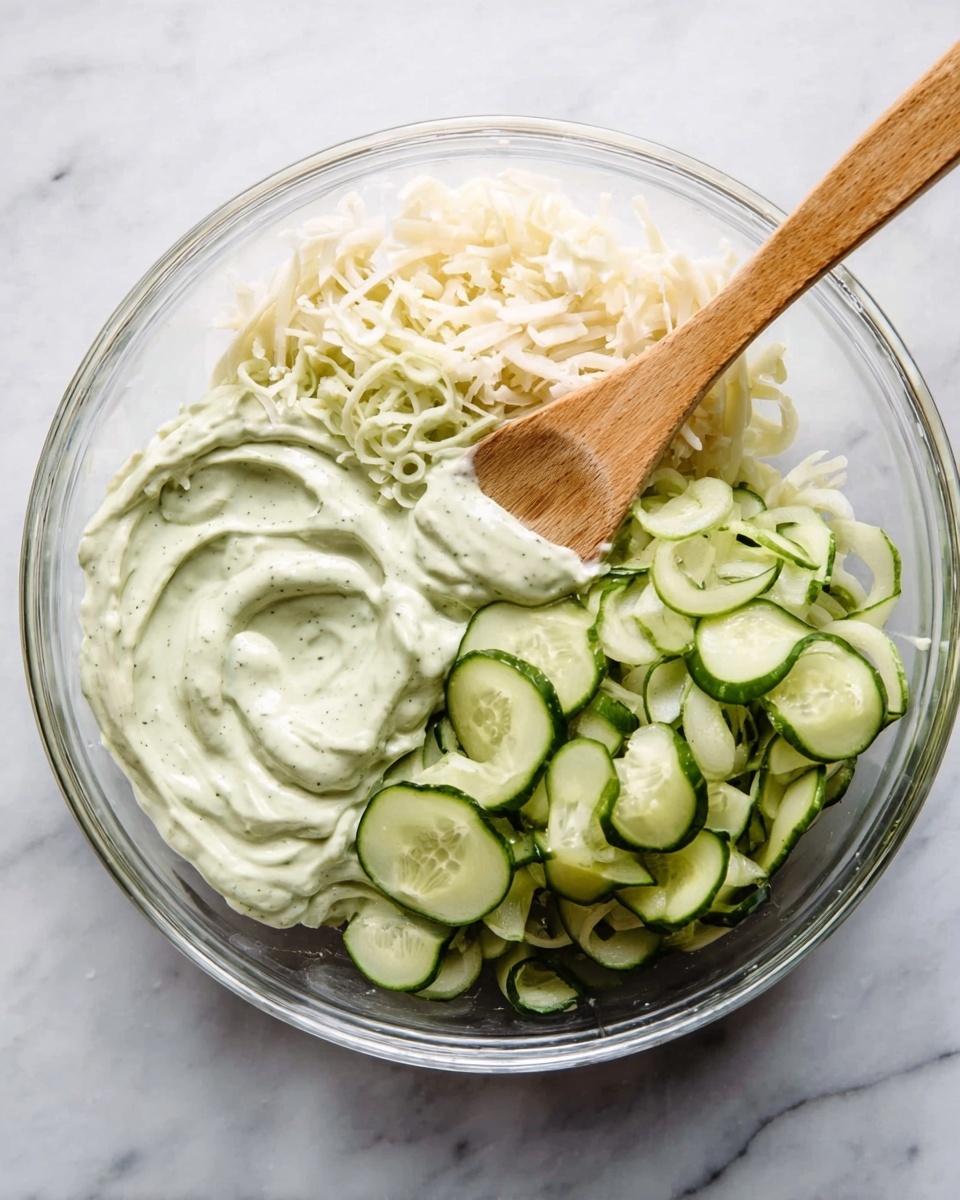 The image shows a clear glass bowl on a white marbled surface filled with three main sections of food. On the left side, there is a creamy light green sauce or dressing with a smooth texture. Next to it, in the middle, there is a small pile of shredded white onions with a slightly translucent look. The right side of the bowl has sliced cucumber pieces that are bright green with a fresh, moist texture. A light wooden spoon is resting in the bowl, partly dipped in the creamy sauce. Photo taken with an iphone --ar 4:5 --v 7