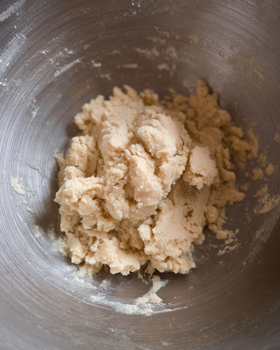 A close-up view of pale, crumbly dough gathered in the middle of a large, round metal bowl with a smooth, slightly shiny texture. The dough looks soft but uneven, with small clumps and loose crumbs spread lightly around the edges inside the bowl. The bowl shows a brushed metal surface with subtle radial lines from the center outwards, adding texture to the background. The image is focused on the dough and the bowl interior, with no other objects visible. photo taken with an iphone --ar 4:5 --v 7