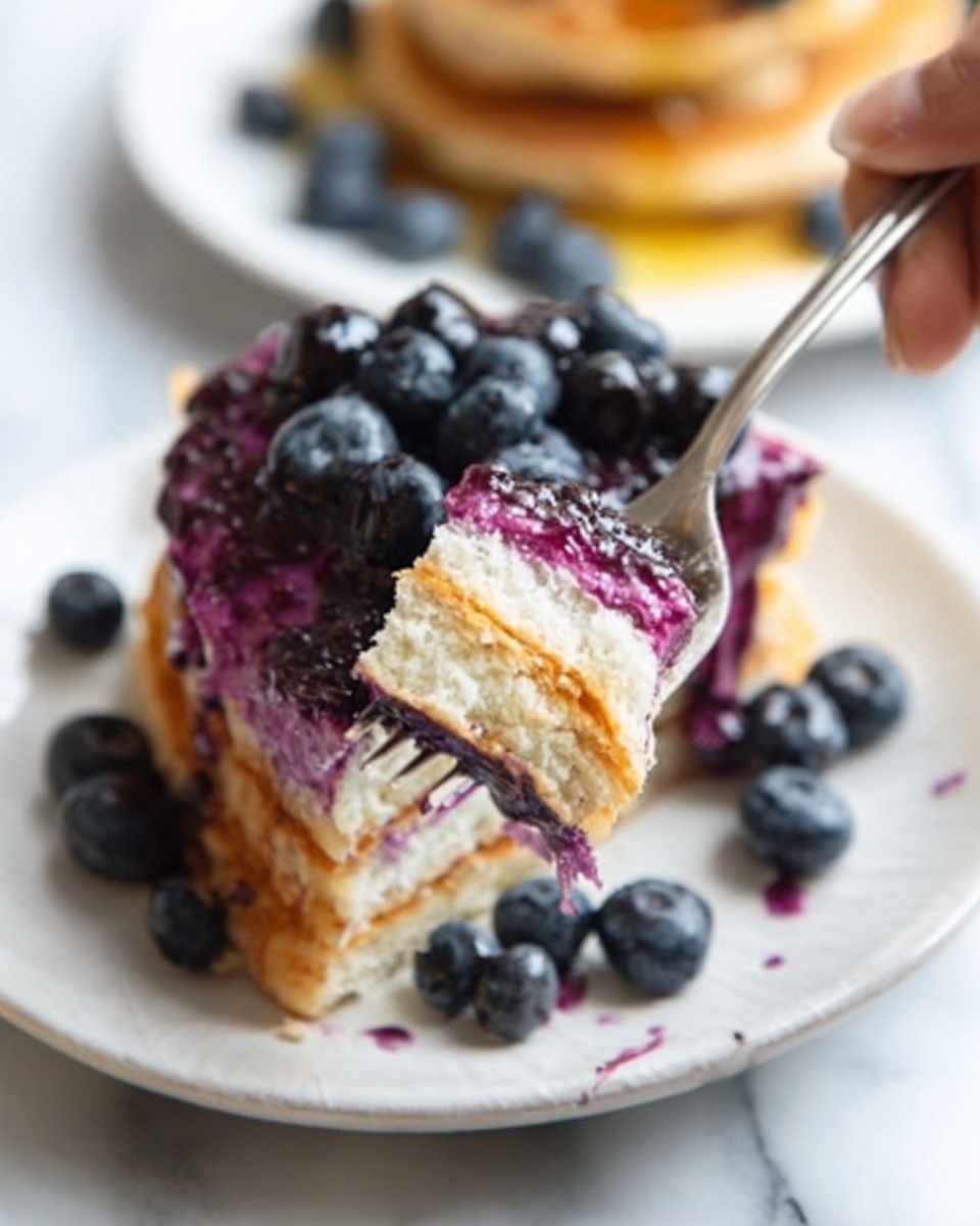 A close-up view of a white plate holding a stack of three pancakes with layers visible. The pancakes are light brown with fluffy texture. Between and on top of the pancakes is a thick layer of smooth purple blueberry sauce that slightly drips down the sides. Fresh dark blue blueberries are scattered on top and around the sauce, adding a round, shiny texture. A silver fork with a piece of pancake and sauce is held by a woman's hand from the right side, with a few more blueberries on the plate in soft focus. The background shows a white marbled surface. photo taken with an iphone --ar 4:5 --v 7