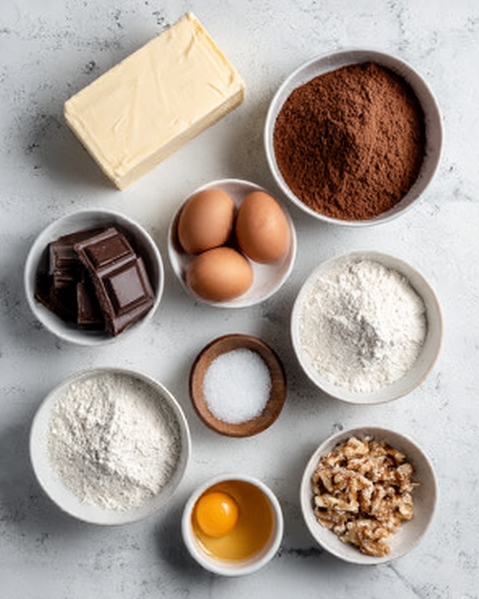 The image shows a white marbled surface with various ingredients arranged neatly in small white bowls and a rectangular block on the side. At the top left is a large rectangular block of butter with smooth texture. To its right is a bowl filled with brown cocoa powder that has a fine, powdery surface. Next in line is a white bowl with fine white salt. Below that is a smaller white bowl holding two brown eggs with smooth shells. Near it, there is a small wooden bowl containing a golden brown egg yolk with a shiny, wet texture. To the right of the yolk, a bigger white bowl is filled with white flour, fine and powdery in texture. Below it, a white bowl contains white sugar with granular texture. To the left, a white bowl contains broken pieces of dark chocolate bars, shiny and smooth in appearance. Next to it, a small white bowl holds a mix of nuts and flakes with rough textures and various warm colors. The entire arrangement is tidy and clearly displayed, photo taken with an iphone --ar 4:5 --v 7