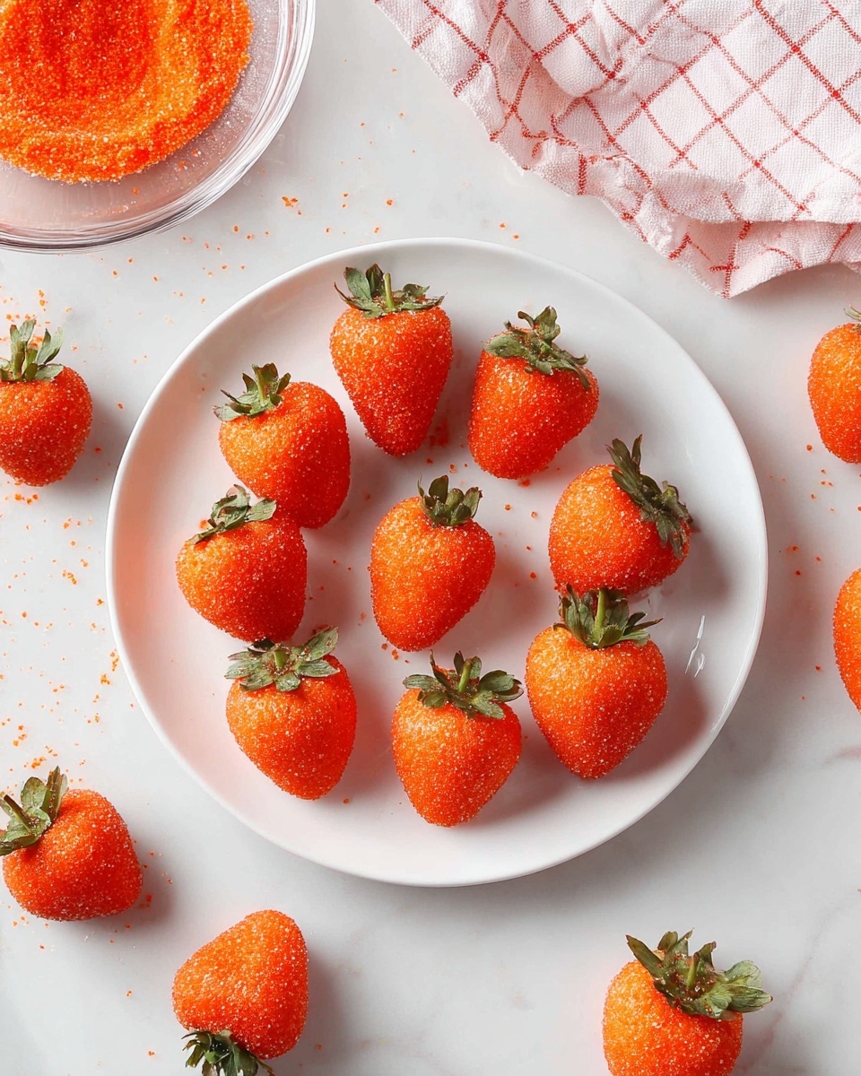 The image shows a close-up of a small dessert with three visible layers. The bottom layer is dark brown and crumbly, resembling crushed cookies or soil. The middle layer is a red strawberry sliced in half, placed with the cut side facing forward. The top layer is a smooth, light orange coating, dripping slightly and covering most of the strawberry, with some decorative lines on the surface. These dessert pieces rest on a white marbled surface, with more similar desserts slightly blurred in the background. Photo taken with an iphone --ar 4:5 --v 7