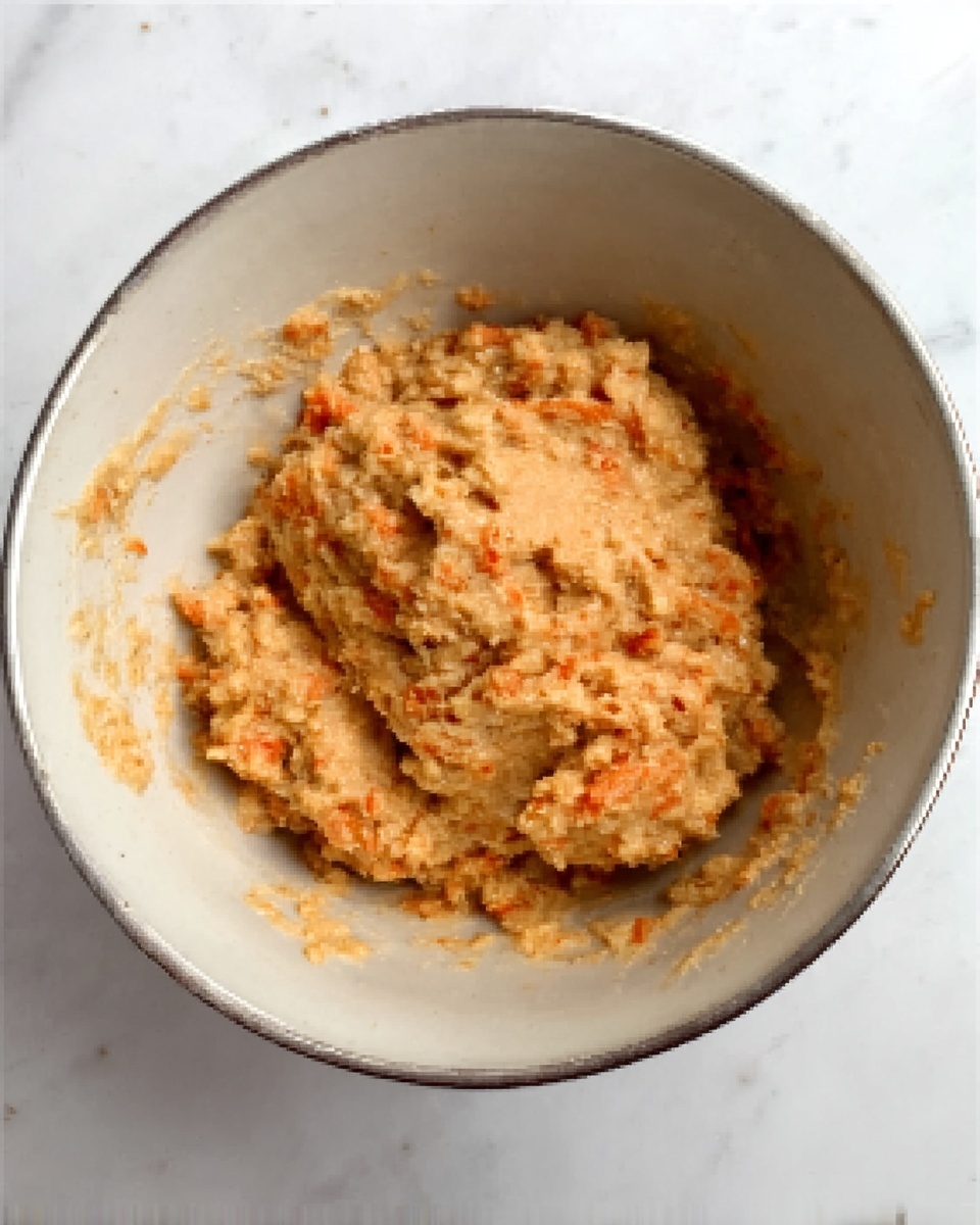 The image shows a white bowl filled with a chunky orange and beige mixture that looks soft and uneven in texture, with small bits closely packed together. The bowl is sitting on a white marbled surface. Photo taken with an iphone --ar 4:5 --v 7