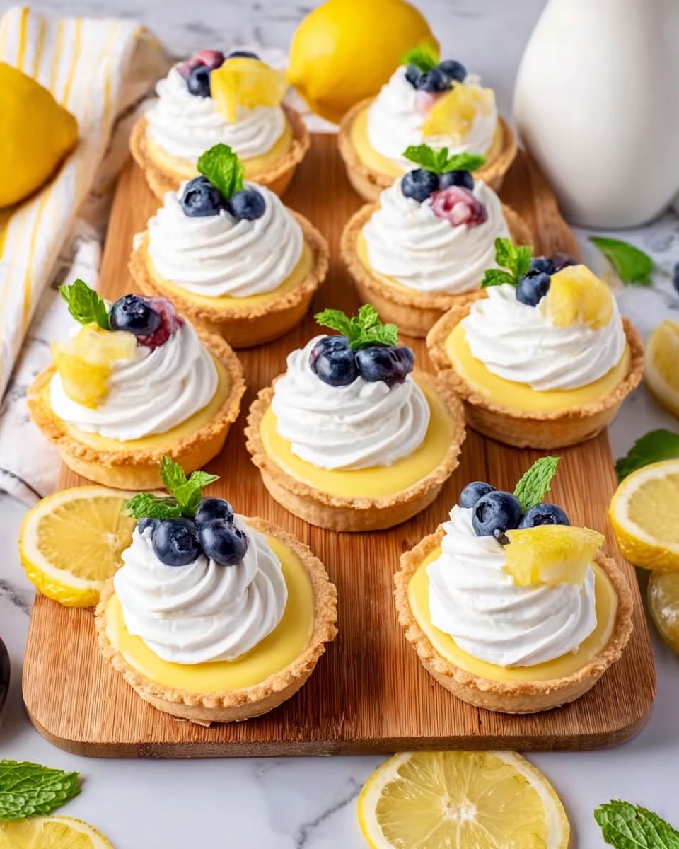 The image shows eight lemon tarts arranged on a wooden board placed on a white marbled surface. Each tart has a golden crust with a smooth yellow lemon filling and is topped with a swirl of white whipped cream. On top of the whipped cream, there are two fresh blueberries, a small piece of yellow lemon peel, and a small green mint leaf. Around the board, there are several lemon wedges and extra mint leaves scattered for decoration. A white pitcher and a white napkin with a yellow stripe are visible in the background. photo taken with an iphone --ar 4:5 --v 7