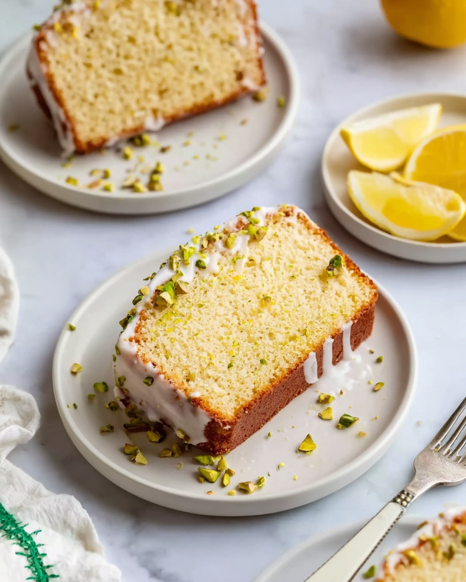 The image shows a slice of yellowish pound cake with a slightly coarse texture and small specks inside, placed on a white plate. The cake has a thin layer of white glaze drizzled over the top edge, with a few crushed green pistachio bits scattered on the glaze and around the plate. The cake slice has a golden brown crust on the sides and bottom, with a soft light yellow inside. In the background, there is a second slice of cake on another white plate, and to the side, there is a white plate holding bright yellow lemon wedges. The surface beneath everything is a white marbled texture, and part of a white cloth with green stitching is visible near the plates. A fork with a white handle is placed near one of the plates. Photo taken with an iphone --ar 4:5 --v 7