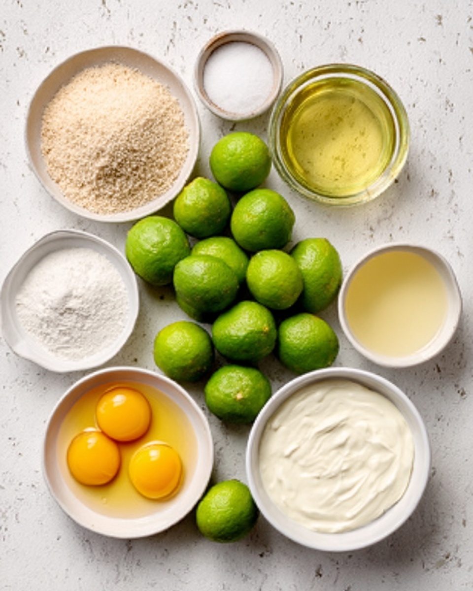 A white marbled surface holds a neat arrangement of ingredients: a pile of fresh green limes in the center surrounded by small white bowls. One bowl contains light beige granulated sugar, another has white flour, a third holds clear golden liquid, and a fourth bowl is filled with smooth, white cream. A separate small white bowl contains two raw egg yolks, glowing bright yellow. The colors and textures are distinct, with the smooth cream, the grainy sugar, the shiny liquid, the powdery flour, and the vibrant yellow yolks creating a fresh, clean, and organized scene. Photo taken with an iphone --ar 4:5 --v 7