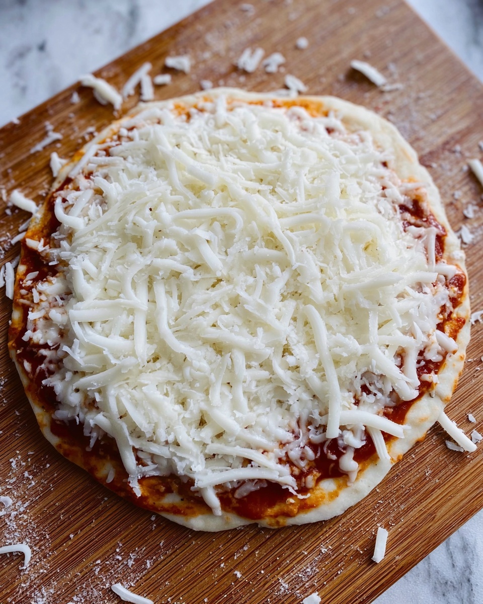 The image shows a small round pizza placed on a wooden board with a white marbled texture background. The pizza has two visible layers: the bottom layer is a golden-brown thin crust dough with a spread of red tomato sauce that peeks under the top layer. The top layer is covered with a thick layer of shredded white cheese, spread evenly across the entire surface and slightly spilling over the edges, creating a textured, fluffy appearance. Some cheese pieces are scattered on the wooden board around the pizza. Photo taken with an iphone --ar 4:5 --v 7