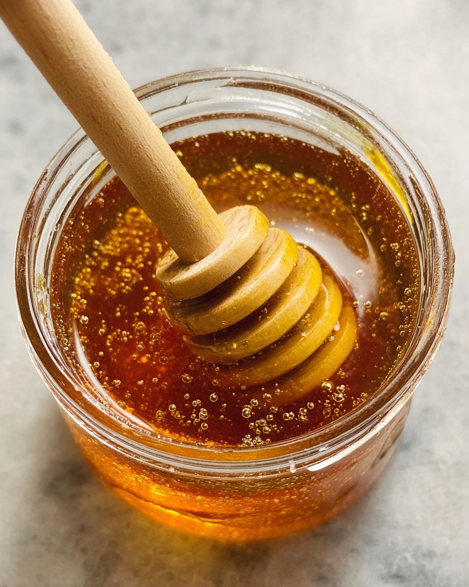 A close-up view of a glass jar filled with golden amber honey, showing small air bubbles and texture inside. A wooden honey dipper with evenly spaced grooves is partially dipped into the honey, resting at the center of the jar. The honey's surface is smooth and shiny, clinging slightly to the wooden ridges. The jar is placed on a white marbled surface, creating a clean and bright background. Photo taken with an iphone --ar 4:5 --v 7