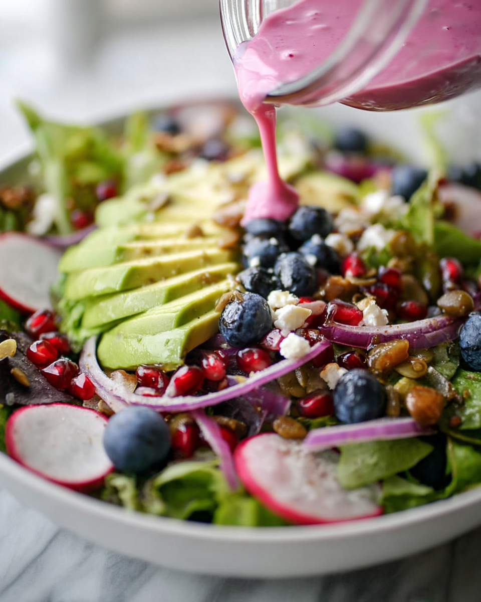 A close-up view of a colorful salad in a white bowl on a white marbled surface, featuring a base layer of mixed green leafy vegetables. On top, there are thin slices of light green avocado fanned out, round slices of pink and white radish, scattered bright red pomegranate seeds, deep blue blueberries, and small white crumbles of cheese. Thin rings of purple onion and glowing caramelized nuts add texture and color. Pink creamy dressing is seen pouring from a glass jar onto the avocado. The scene captures fresh, vibrant, and natural textures with a focus on the pouring dressing. Photo taken with an iphone --ar 4:5 --v 7