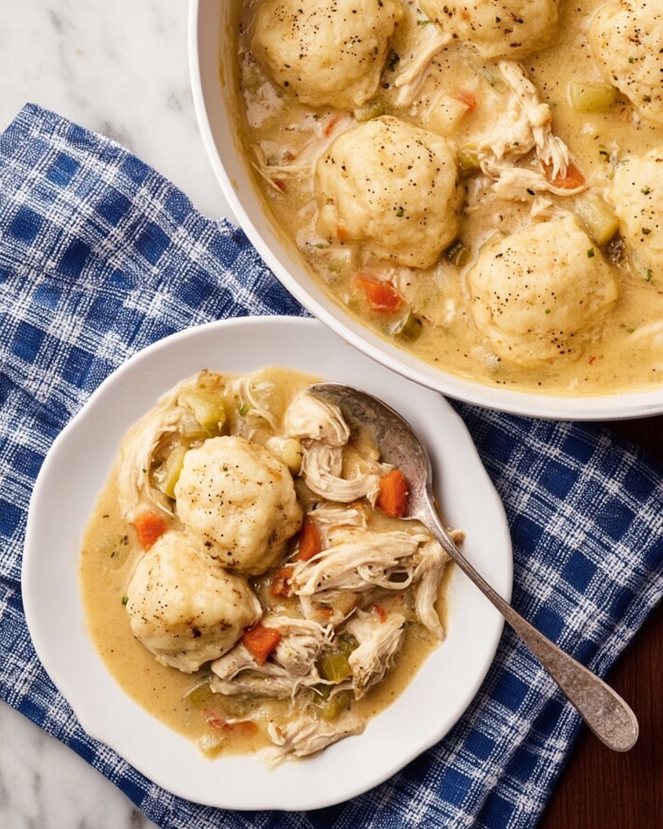 A white bowl filled with a golden, creamy chicken and biscuit stew, with visible chunks of shredded chicken and small pieces of vegetables like celery and carrots in a thick sauce, topped with soft, lightly browned biscuit dough pieces sprinkled with ground black pepper, beside a white plate holding a serving of the stew showing three fluffy biscuits atop shredded chicken and vegetables, with a rustic metal spoon resting on the plate. Both sit on a blue and white checkered cloth over a white marbled surface. Photo taken with an iphone --ar 4:5 --v 7