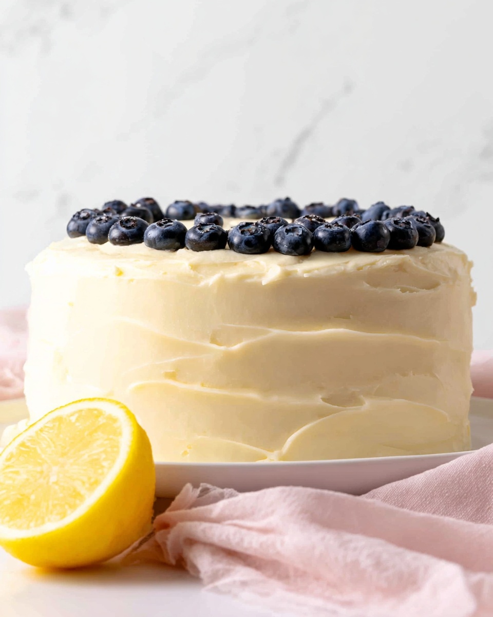 A round cake with smooth, creamy white frosting covering the whole surface, showing soft, wavy texture. On top, there is a single layer of dark blue blueberries arranged close to the edge in a neat circle. The cake sits on a white plate, placed on a light pink cloth. A half slice of bright yellow lemon rests at the front left side of the plate. The background is clean with a white marbled texture. photo taken with an iphone --ar 4:5 --v 7