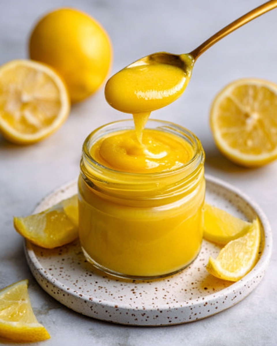 A small glass jar filled with smooth, bright yellow lemon curd sits on a white speckled plate on a white marbled surface. A golden spoon lifts a thick, creamy scoop of the lemon curd above the jar, showing its glossy texture. Around the jar are halved fresh lemons with bright yellow skin and pale inner flesh, adding a fresh, zesty feel to the scene. Photo taken with an iphone --ar 4:5 --v 7