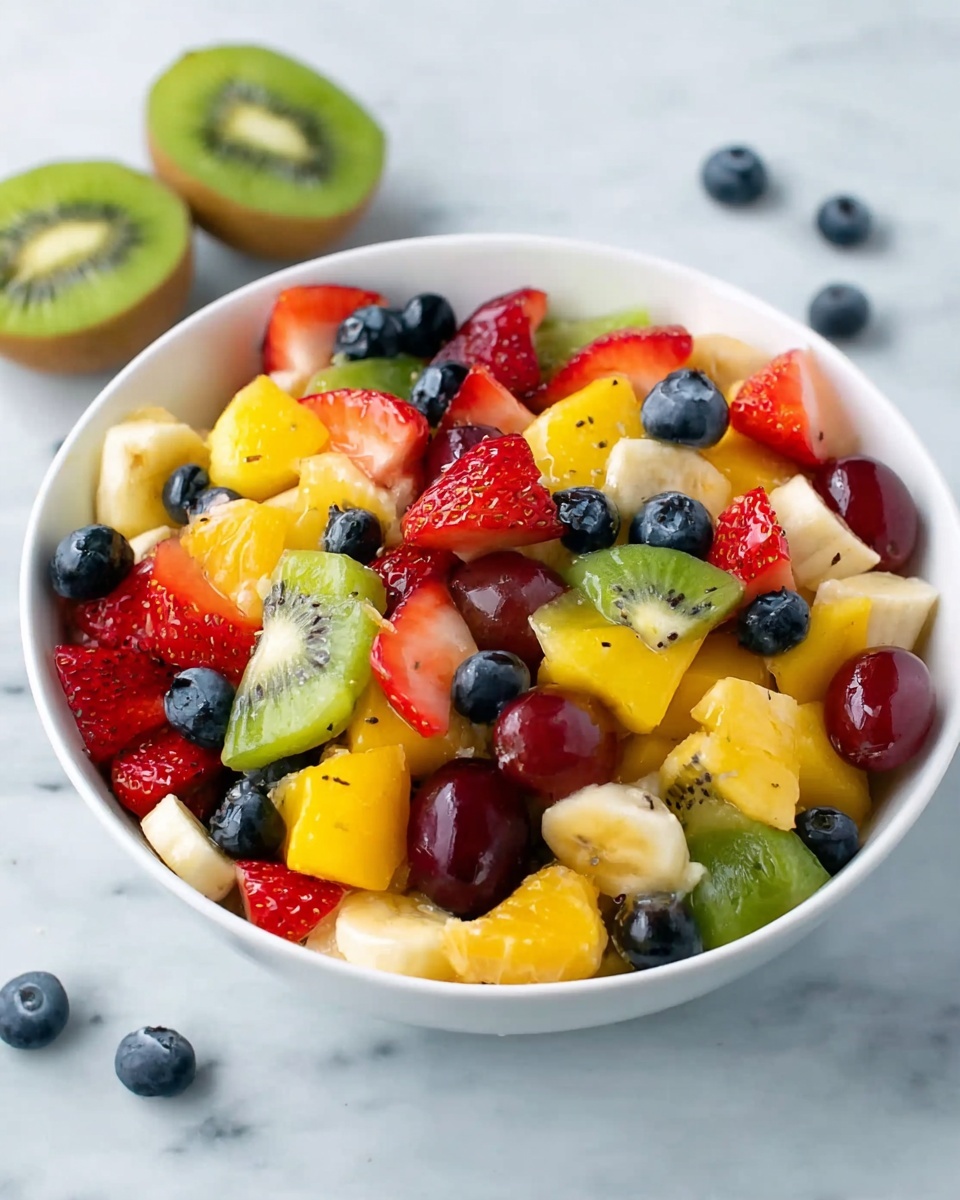 A white bowl filled with a colorful mix of fruit pieces. The top layer shows small blueberries scattered around bright red strawberries cut in half, red grapes, and yellow mango chunks. Below that, there are slices of green kiwi and light-colored banana pieces mixed in. The fruits are fresh and shiny, with small black seeds visible on some, like kiwi slices. The bowl sits on a white marbled surface with more kiwi halves placed beside it. Photo taken with an iphone --ar 4:5 --v 7