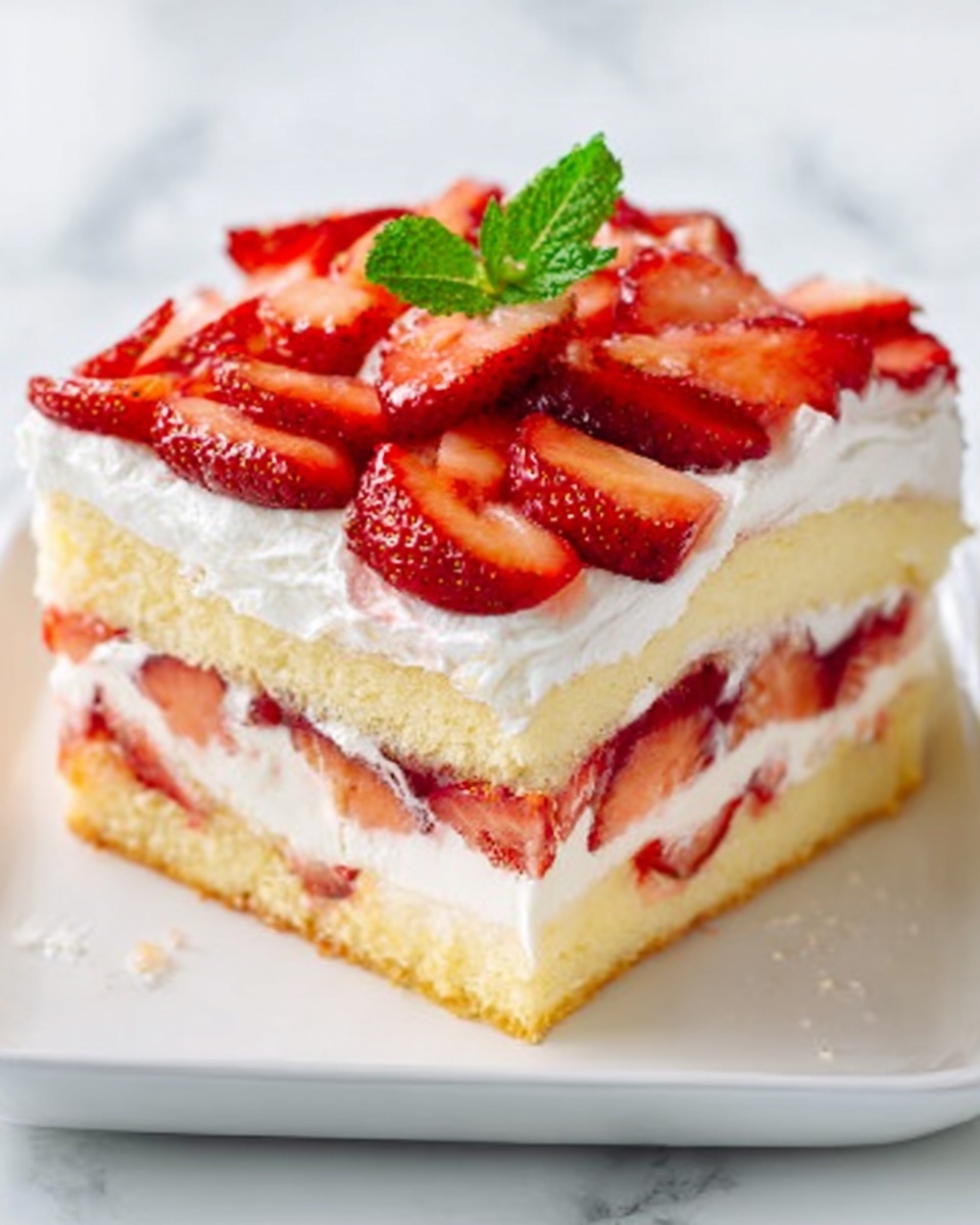 This image shows a square dessert with three clear layers. The bottom layer is a light yellow cake, and above it is a thin layer of red strawberry slices. The middle layer is another light yellow cake, topped with thick white cream. The top layer is covered with many sliced strawberries spread evenly, and a green mint leaf sits on top as decoration. The dessert is on a white plate resting on a white marbled surface. Photo taken with an iphone --ar 4:5 --v 7