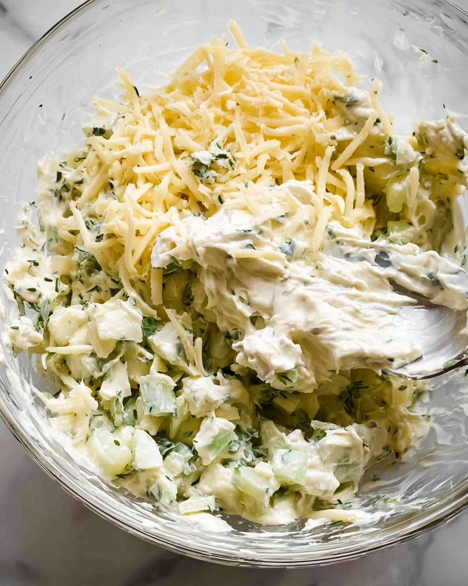 A close-up view of a clear glass bowl filled with a creamy mixture showing three main layers: the bottom layer has small chopped pale green and white vegetables mixed with fresh green herbs; the middle layer is thick and white with a soft, slightly chunky texture; the top layer consists of shredded pale yellow cheese scattered unevenly. A silver spoon is partially submerged in the creamy mixture on the right side, with the texture visibly thick and smooth. The bowl sits on a white marbled surface. photo taken with an iphone --ar 4:5 --v 7
