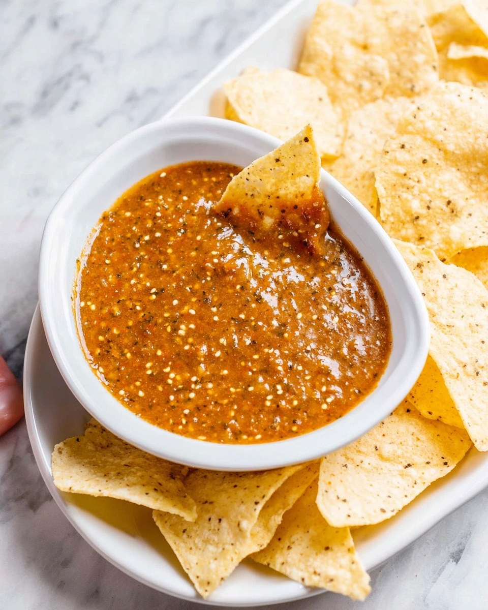 A white divided plate holds a white oval dish filled with a thick, orange-brown salsa that has visible white and black seeds and small bits of spices, showing a slightly chunky texture. Around the dish, there are pale yellow, slightly speckled tortilla chips, one of which is dipped into the salsa being held by a woman's hand. The whole setting rests on a white marbled surface. photo taken with an iphone --ar 4:5 --v 7