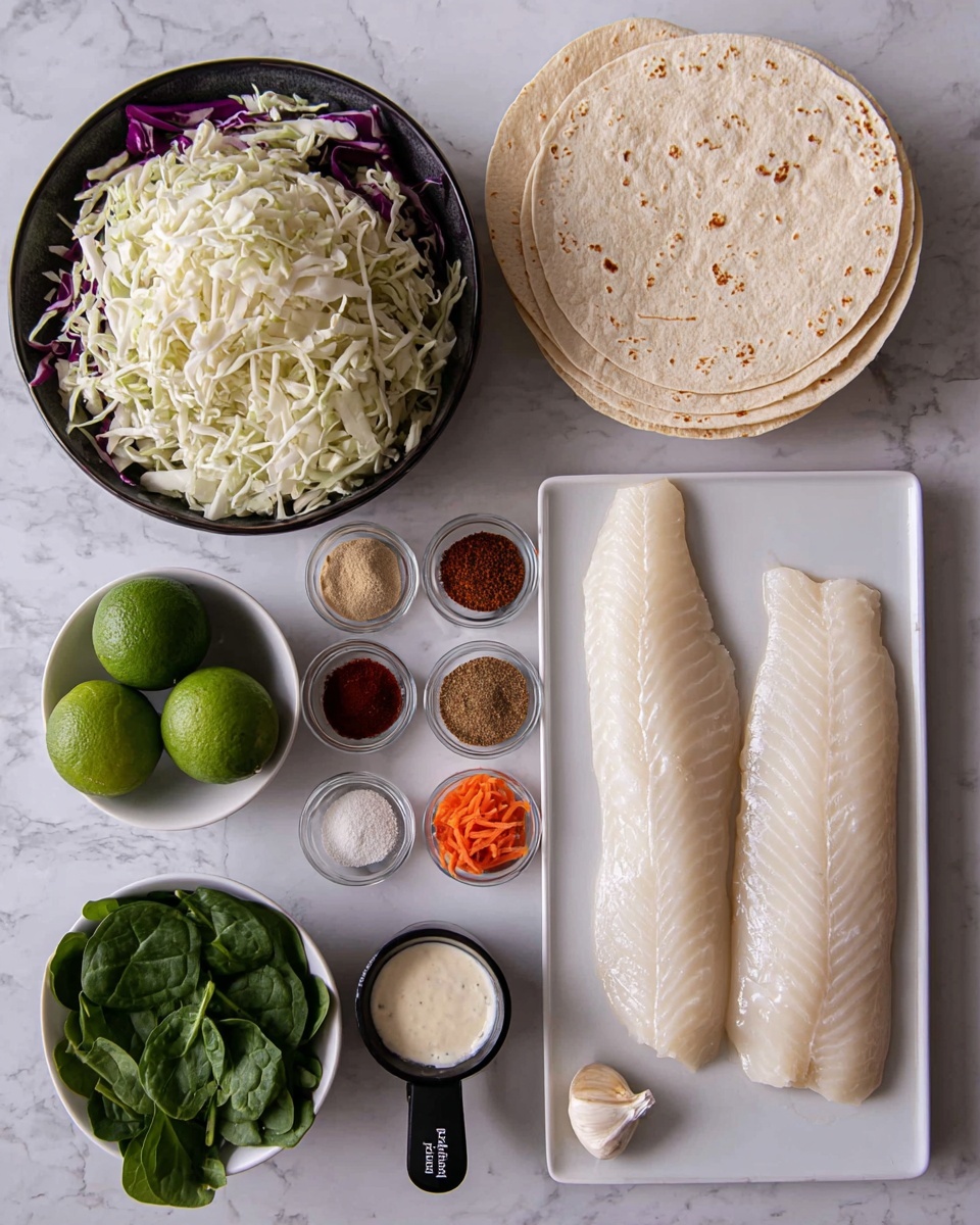 The image shows ingredients laid out neatly on a white marbled surface. There are two large, white fish fillets placed side by side on a white rectangular plate on the right side. Next to the fish, there is a stack of pale beige tortillas with a soft and slightly spotted texture. Below the tortillas, there is a black bowl filled with shredded cabbage, which includes white and purple pieces along with a couple of small orange carrot strips. Nearby, a small white plate holds seven different spices, each in a small pile of various colors: red, light brown, dark brown, white, and beige. Three whole bright green limes are stacked on the left side. Below the limes, two small white bowls are filled with fresh green leaves; one has spinach leaves and the other has cilantro. A small black measuring cup filled with smooth, creamy white sauce is placed near the spices, and next to it is a black teaspoon labeled