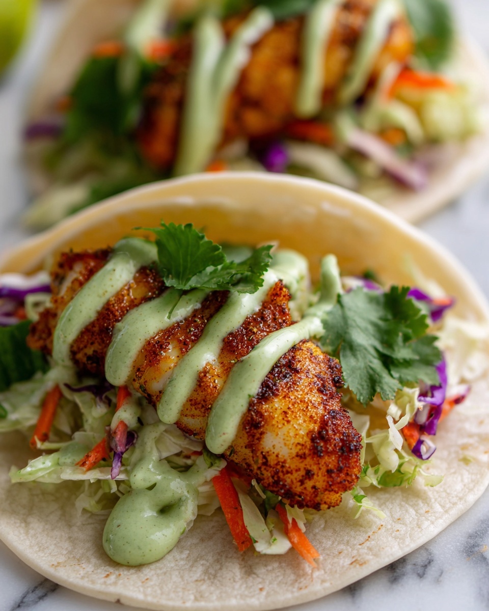 Two tacos are shown on a white marbled surface, each made with a soft white tortilla as the base. Inside each tortilla, there is a layer of mixed shredded lettuce, purple cabbage, and thin orange carrot strips, topped with fresh green leaves of cilantro. On top of the greens, there is a golden brown, seasoned piece of cooked fish that looks crispy on the outside. The fish is drizzled with a light green creamy sauce, adding a smooth texture and color contrast. The focus is on the front taco with a slightly blurred taco in the background, creating depth. photo taken with an iphone --ar 4:5 --v 7
