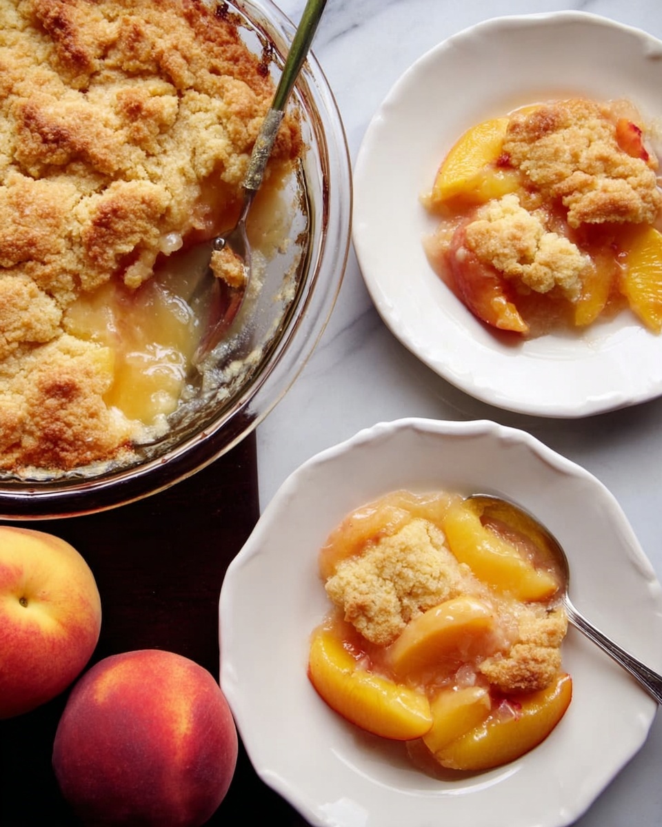 A clear round glass dish filled with a golden brown biscuit-like topping that is unevenly spread and baked, covering a layer of soft, juicy peach slices below. Two white plates, each holding a portion of the dessert, show thick bright orange peach slices under light golden baked crust pieces. One plate has a silver spoon resting inside. Two whole peaches with reddish-yellow skin are placed near the plates on a white marbled surface. A woman's hand is not visible but implied by the spoon positioning. The lighting highlights the warm tones and soft texture of the dessert photo taken with an iphone --ar 4:5 --v 7