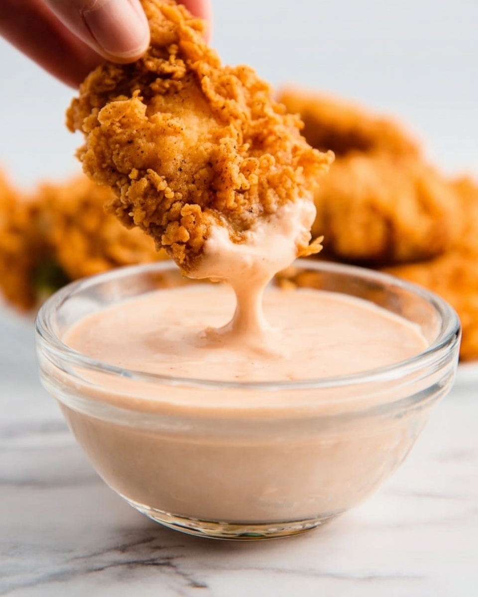 The image shows a clear glass bowl filled with thick light pink dipping sauce, smooth in texture. A piece of golden crispy fried chicken with a rough, crunchy surface is being dipped into the sauce by a woman's hand, which is holding it from the top right side of the bowl. The white marbled surface beneath the bowl adds a clean, bright background. photo taken with an iphone --ar 4:5 --v 7
