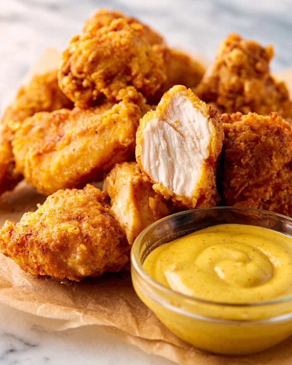 The image shows crispy fried chicken pieces with a golden brown crunchy coating, some pieces are whole while one is broken open showing white, juicy meat inside. Next to the chicken pieces is a small clear glass bowl filled with thick yellow mustard sauce. The food sits on brown paper placed on a white marbled surface. The colors focus on warm golden yellows and browns with the sauce adding a smooth texture contrast. photo taken with an iphone --ar 4:5 --v 7