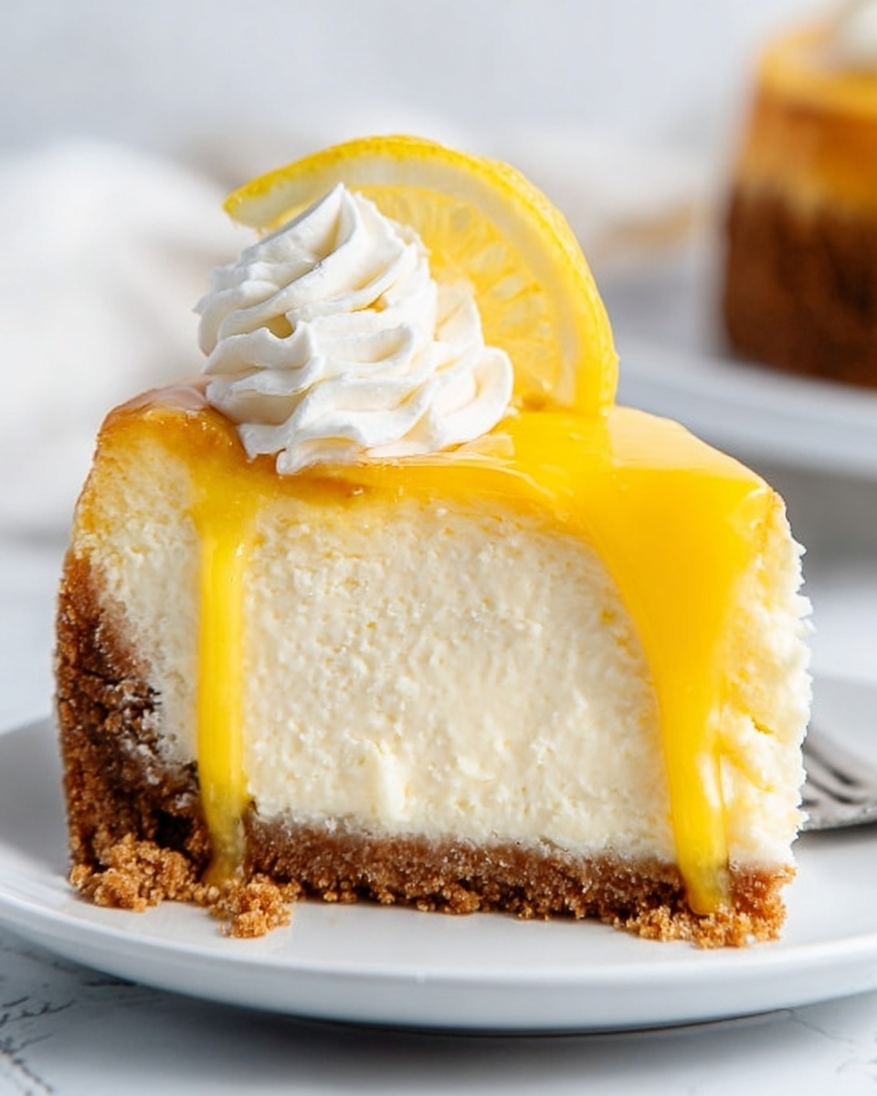 A single slice of creamy cheesecake sits on a white plate, showing three visible layers: the bottom layer is a thick, crumbly brown crust, the middle layer is a smooth and dense off-white cheesecake filling, and the top layer is a bright yellow lemon glaze that drips down the side. On top of the cheesecake slice, there is a small swirl of white whipped cream and a thin wedge of lemon. The plate rests on a white marbled surface, and the background is softly blurred, keeping the focus on the cheesecake slice. photo taken with an iphone --ar 4:5 --v 7
