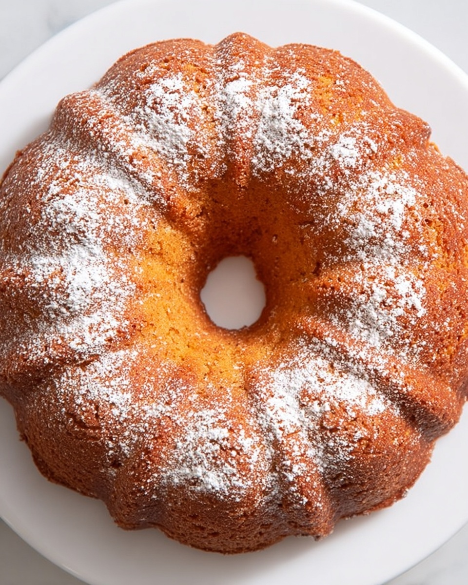 A round bundt cake with a golden-brown crust is shown from above, resting on a white plate. The cake has a ridged pattern around the edges, typical of bundt cakes. It is lightly dusted with white powdered sugar unevenly spread across the top, creating small and large patches of white contrast on the warm cake surface. The plate sits on a white marbled texture. photo taken with an iphone --ar 4:5 --v 7