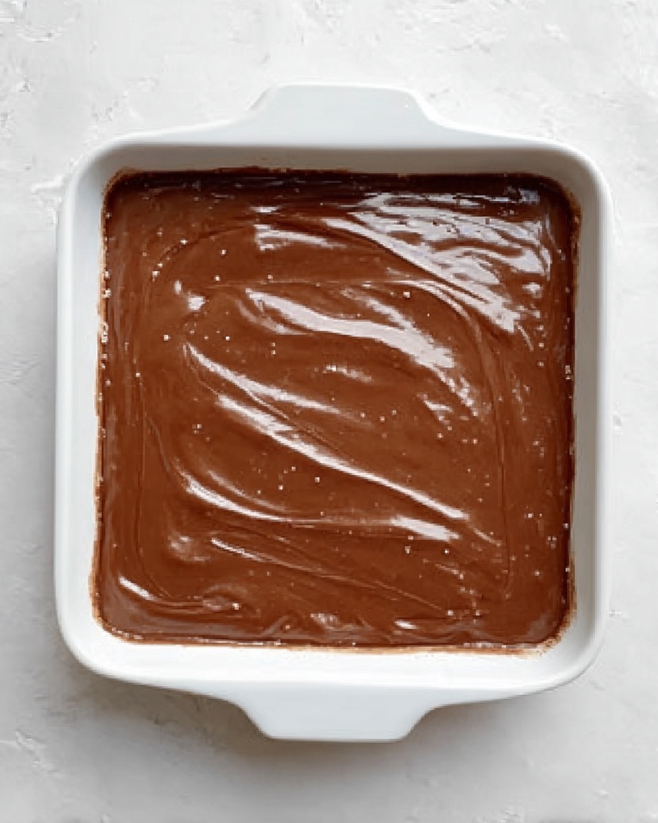 A white square ceramic baking dish filled with one thick layer of smooth, shiny chocolate batter covering the entire bottom evenly, showing slight swirl patterns across the surface. The dish is on a white marbled texture surface. Photo taken with an iphone --ar 4:5 --v 7