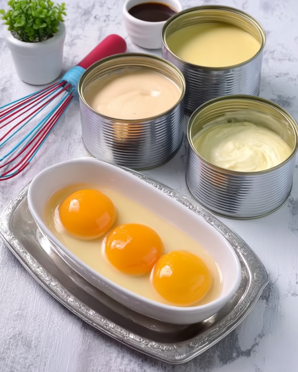 The image shows a white oval dish with three raw egg yolks resting in the bowl of egg whites, placed on a silver tray with a white marbled surface. Behind the dish are three open tin cans, two filled with a light cream-colored liquid and the third with a thicker, pale yellow mixture. To the left of the egg dish lies a colorful whisk with a red and blue handle, sitting beside a small white cup holding a dark liquid and a small green plant in the background. photo taken with an iphone --ar 4:5 --v 7