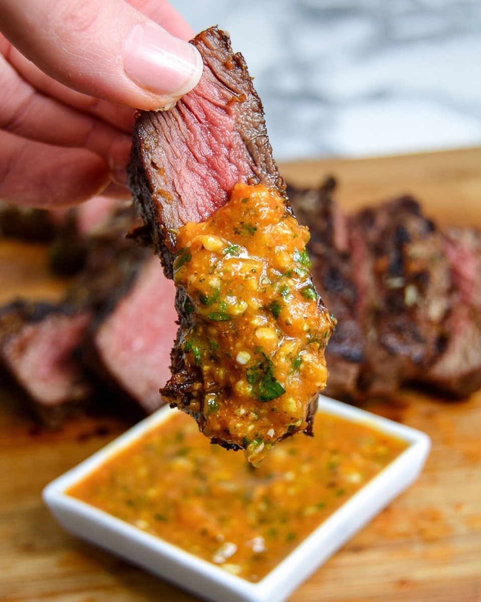 A close-up image of a piece of steak held by a woman's hand between thumb and index finger. The steak has a dark brown, grilled outer layer with a pink, juicy inside, showing a medium-rare doneness. The bottom half of the steak piece is covered with a thick, orange sauce mixed with green herbs and visible small chunks. In the background, slices of the same steak rest on a wooden board, and a small white square dish filled with more of the same chunky orange sauce is slightly spilling over the edge. The background surface is a white marbled texture. Photo taken with an iphone --ar 4:5 --v 7