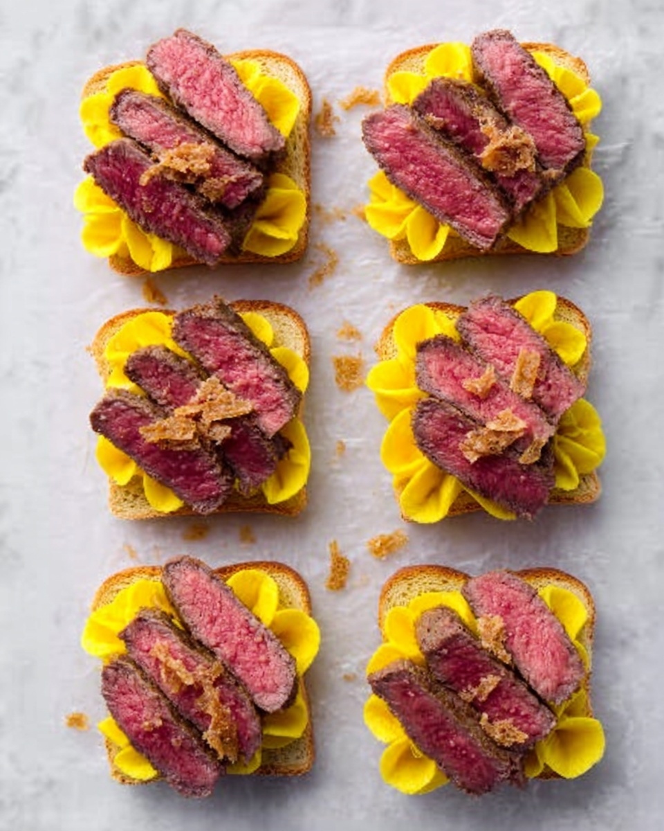 The image shows six pieces of toast arranged in two columns of three on a white marbled surface. Each toast has a base layer of bright yellow, smooth spread shaped in a flower-like pattern on white bread. On top of the spread, there are slices of medium-rare steak, pink in the middle with a brown seared edge, layered roughly to cover the toast. Small brown crispy bits are sprinkled over the steak layers for texture. The photo taken with an iphone --ar 4:5 --v 7