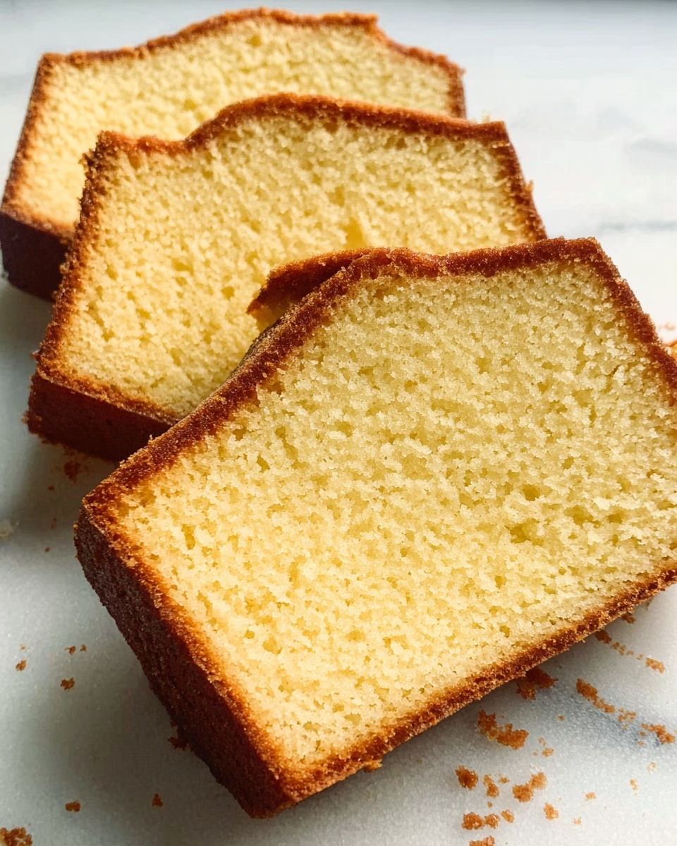 The image shows three slices of pound cake arranged slightly overlapping on a white marbled surface. Each slice has a light golden brown crust around the edge and a soft, pale yellow inside with a smooth, fine texture. The cake looks moist and dense but soft. There are no extra toppings or decorations. Photo taken with an iphone --ar 4:5 --v 7