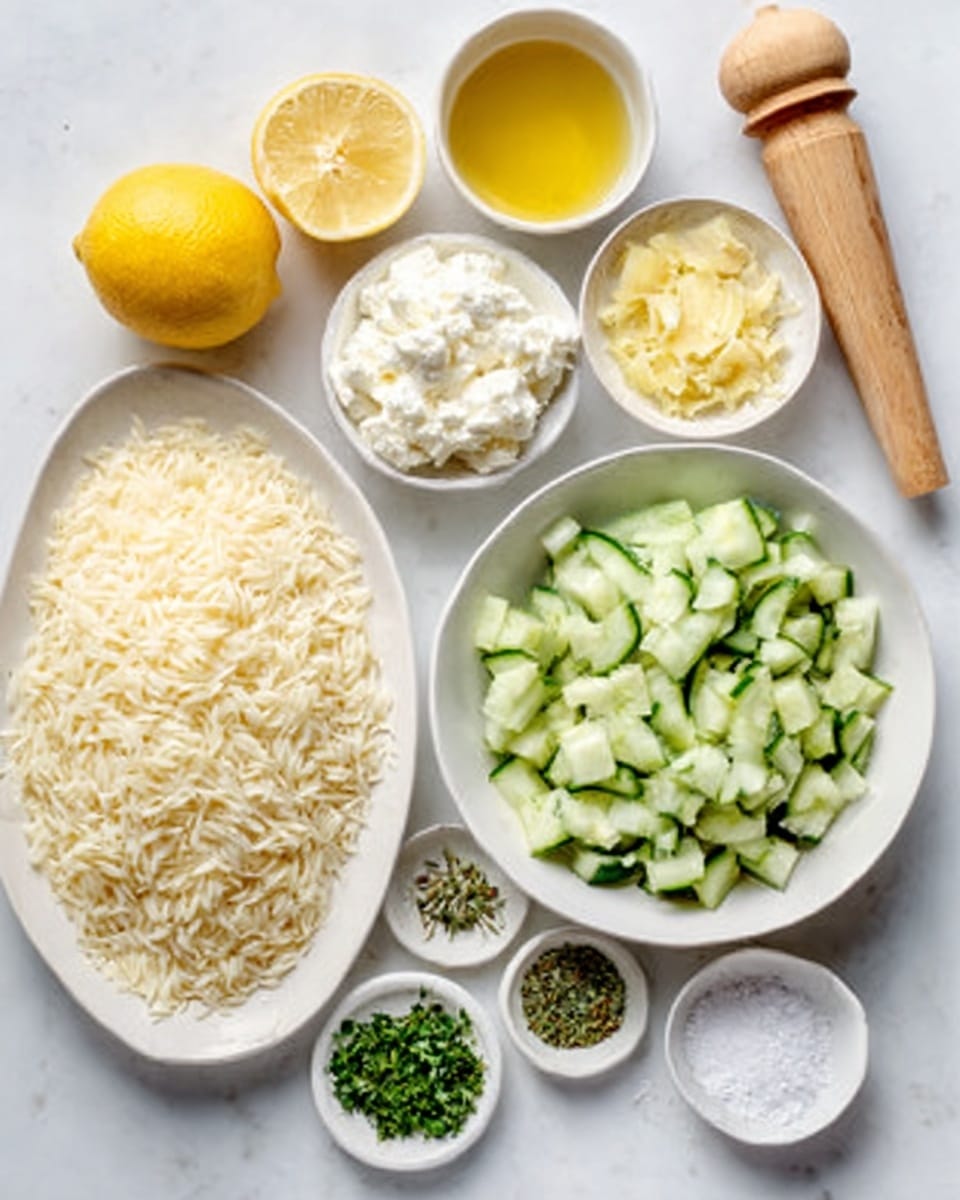 The image shows nine small white bowls and plates arranged with ingredients on a white marbled surface. One oval-shaped white plate holds long-grain cooked rice with a light yellow color and fluffy texture, positioned on the left side. To the right, there is a small white bowl with light green, chopped cucumber pieces, each piece having a fresh, moist texture. Next to the cucumber, a small white bowl contains creamy white cottage cheese with a slightly lumpy texture. Behind these bowls, there is a small white dish with light yellow grated ginger, another with clear light yellow lemon juice, and a small container of golden olive oil. In the top left corner, half a lemon with a bright yellow rind and pale juicy inside sits near a wooden citrus reamer. Two tiny piles of green herbs with fine leaves and chopped texture are arranged in the lower front area. On the bottom right, there is a little mound of coarse salt. The whole setup is neat and clean. Photo taken with an iphone --ar 4:5 --v 7