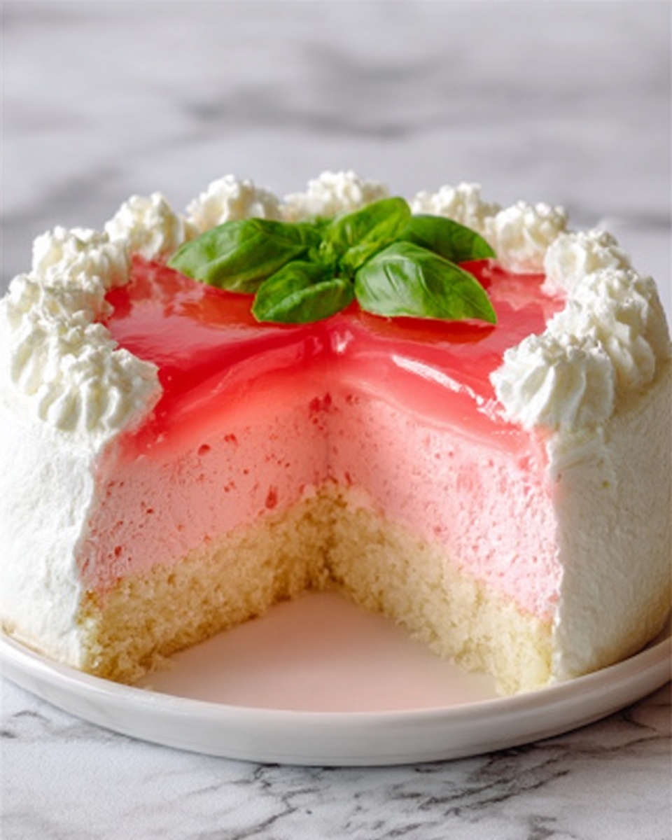 A white plate holds a round cake with three layers. The bottom layer is a light beige sponge cake with a soft texture, topped by a thick, translucent pink jelly layer in the middle that appears smooth and shiny. On top is a thick white cream layer decorated with small dollops of cream around the edge. A small bunch of green basil leaves sits in the center on the cream. The cake is on a white marbled surface. Photo taken with an iphone --ar 4:5 --v 7