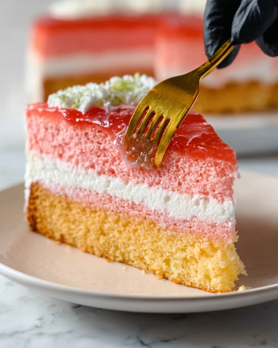 A close-up view of a slice of layered cake on a white plate, placed on a white marbled surface. The cake has three layers: the bottom layer is a light golden-brown sponge, the middle layer is a soft pink sponge, and the top layer is thick white cream. On top of the cream is a spread of glossy pink jelly. A woman's hand wearing a black glove holds a golden fork, gently pressing into the cake, showing the soft and moist texture of the layers. The lighting highlights the smooth cream and moist cake texture clearly. photo taken with an iphone --ar 4:5 --v 7