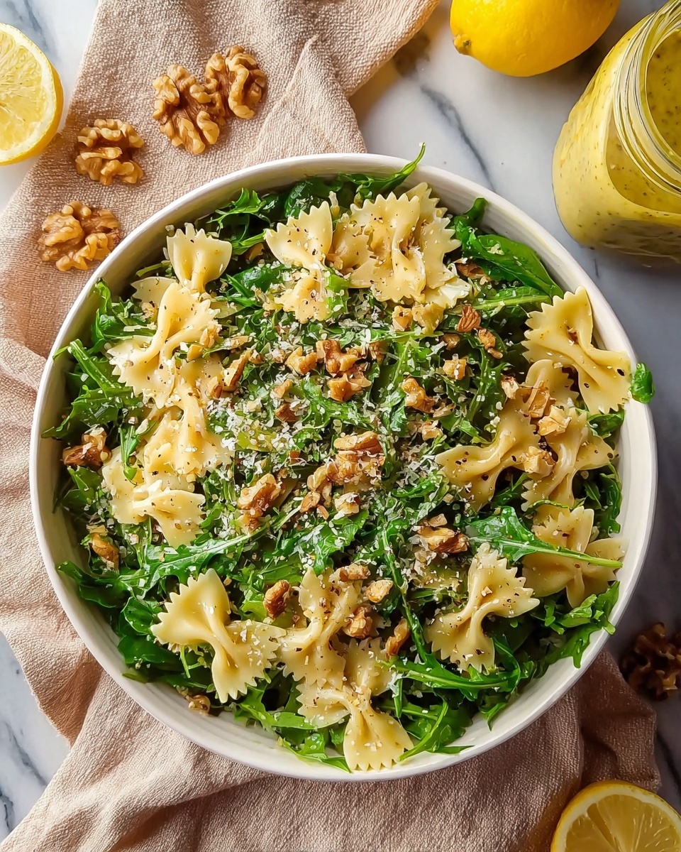 A white bowl filled with a layered salad featuring pale yellow bowtie pasta scattered evenly among bright green leafy arugula. On top, finely chopped walnuts add a crunchy texture with a light brown color, while a sprinkling of grated light-colored cheese and small black pepper flakes are spread across the salad, giving it a mixed texture. The bowl sits on a soft beige cloth on a white marbled surface, with walnuts and a whole lemon nearby, and a jar of yellow mustard sauce to the side, photo taken with an iphone --ar 4:5 --v 7