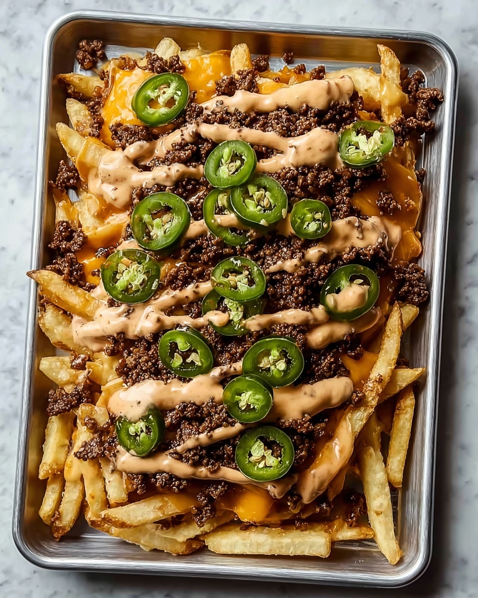 A metal tray filled with layers starting at the bottom with crispy golden fries spread evenly. On top of the fries is a layer of melted orange-yellow cheese that peeks through. Above the cheese is a layer of cooked ground beef, dark brown in color and crumbly. Drizzled over the beef is a creamy light tan sauce with a smooth texture. Scattered on the top are several round green jalapeño slices, some showing seeds inside. The whole tray rests on a white marbled surface. photo taken with an iphone --ar 4:5 --v 7