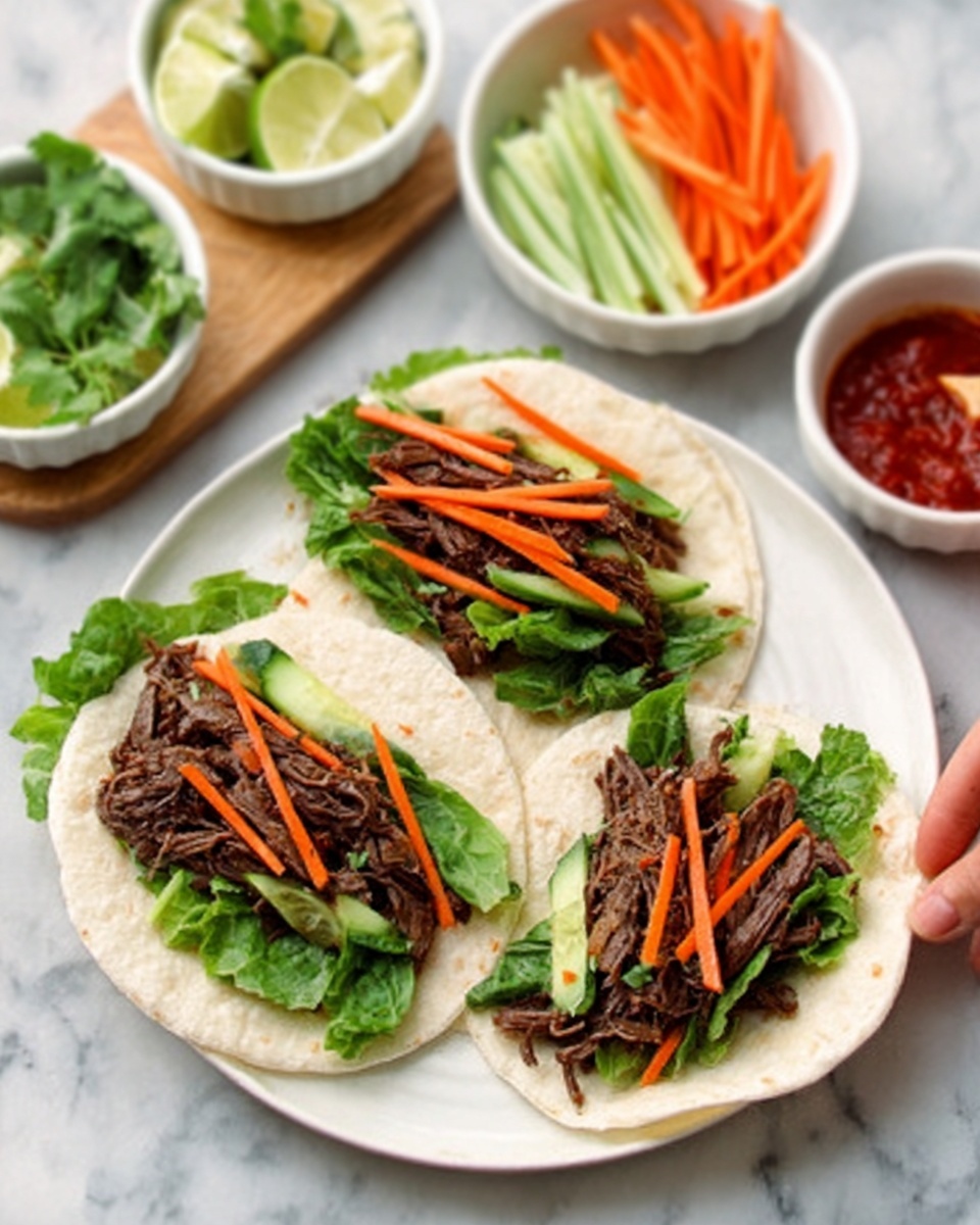 The image shows three soft tortillas on a white plate, each layered with a bed of green leafy lettuce at the bottom. On top of the lettuce, there is shredded dark brown beef. The beef is topped with thin orange carrot strips and light green cucumber sticks. In the background, there is a small white bowl filled with more carrot and cucumber strips, a lime wedge, and some green leafy herbs on a white marbled surface. A small white dish of red sauce is also visible nearby. photo taken with an iphone --ar 4:5 --v 7