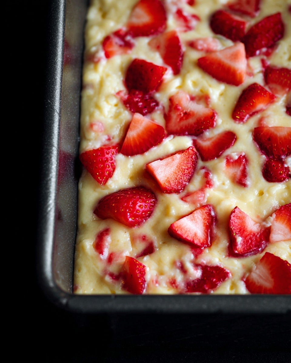 The image shows a close-up of a baking pan filled with a creamy, pale yellow batter topped with sliced red strawberries scattered evenly across the surface. The strawberries vary in size, with some larger heart-shaped slices and smaller pieces, adding bright red color and a fresh texture contrast to the soft, smooth batter underneath. The pan is dark with a textured edge, sitting against a black background that contrasts with the colorful food inside. photo taken with an iphone --ar 4:5 --v 7