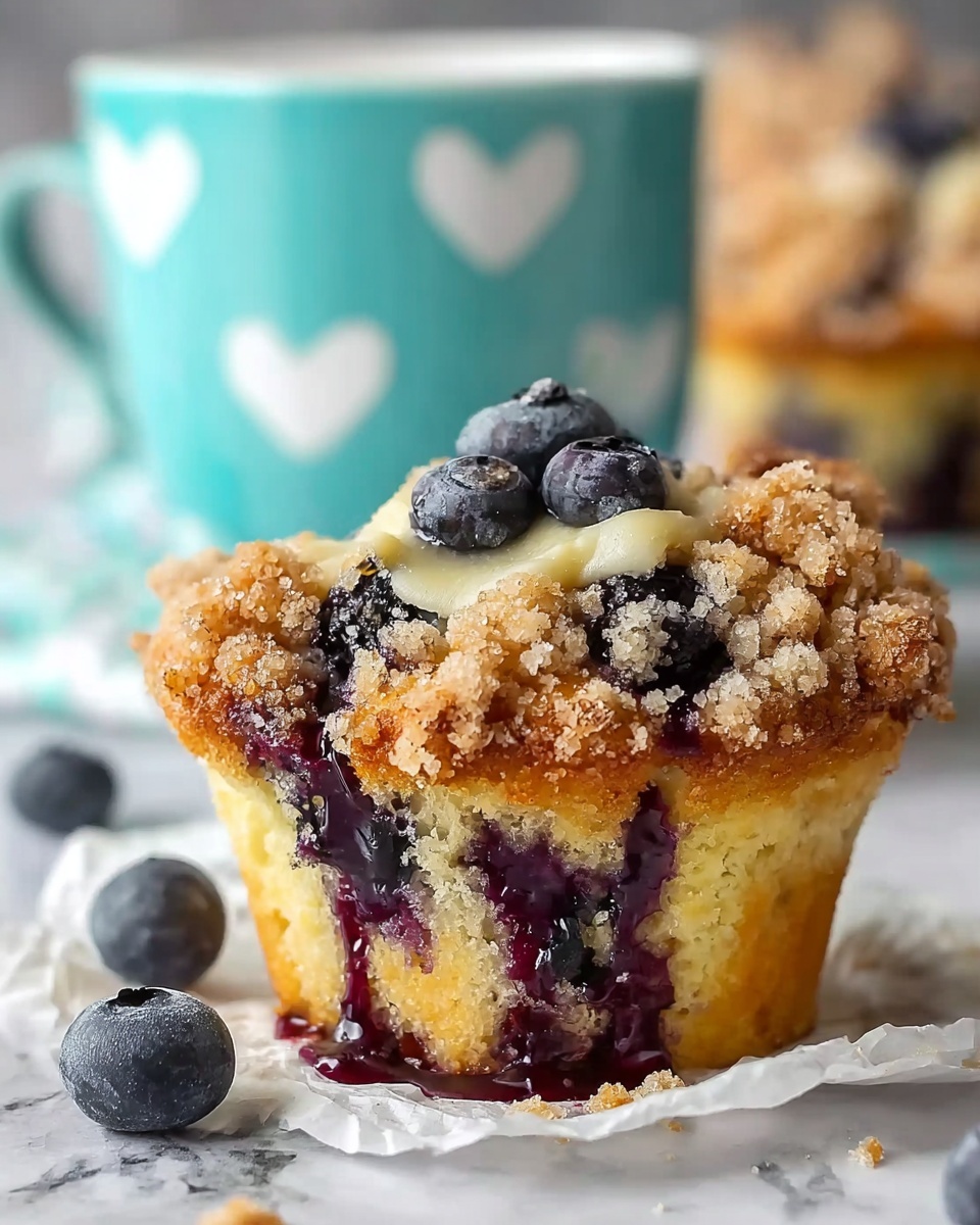 A close-up of a single blueberry muffin with a crumbly, golden-brown streusel topping studded with fresh, round blueberries. The muffin has a moist yellow base with blueberries bursting and oozing dark purple juice down its sides. There are a few fresh blueberries scattered around the muffin on crumpled white parchment paper. In the background, there is a hint of a light blue cup with white hearts and another muffin slightly out of focus, all set on a white marbled surface. photo taken with an iphone --ar 4:5 --v 7