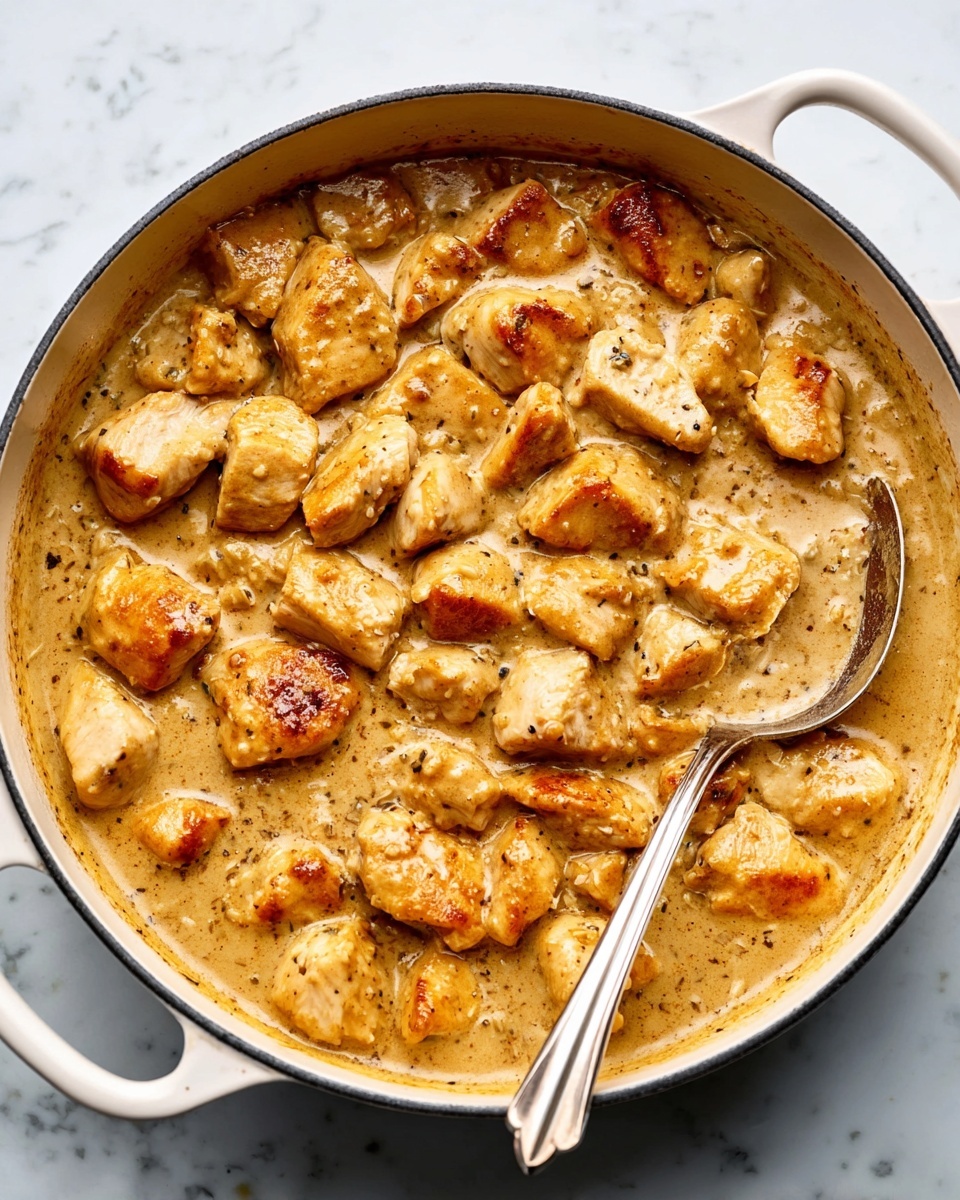 A white pot filled with several small pieces of golden-brown cooked chicken sitting in a thick, creamy light brown sauce that covers the bottom and sides of the pot. A silver spoon with a shiny surface rests inside the pot, partially immersed in the sauce and chicken. The pot is placed on a white marbled surface. photo taken with an iphone --ar 4:5 --v 7